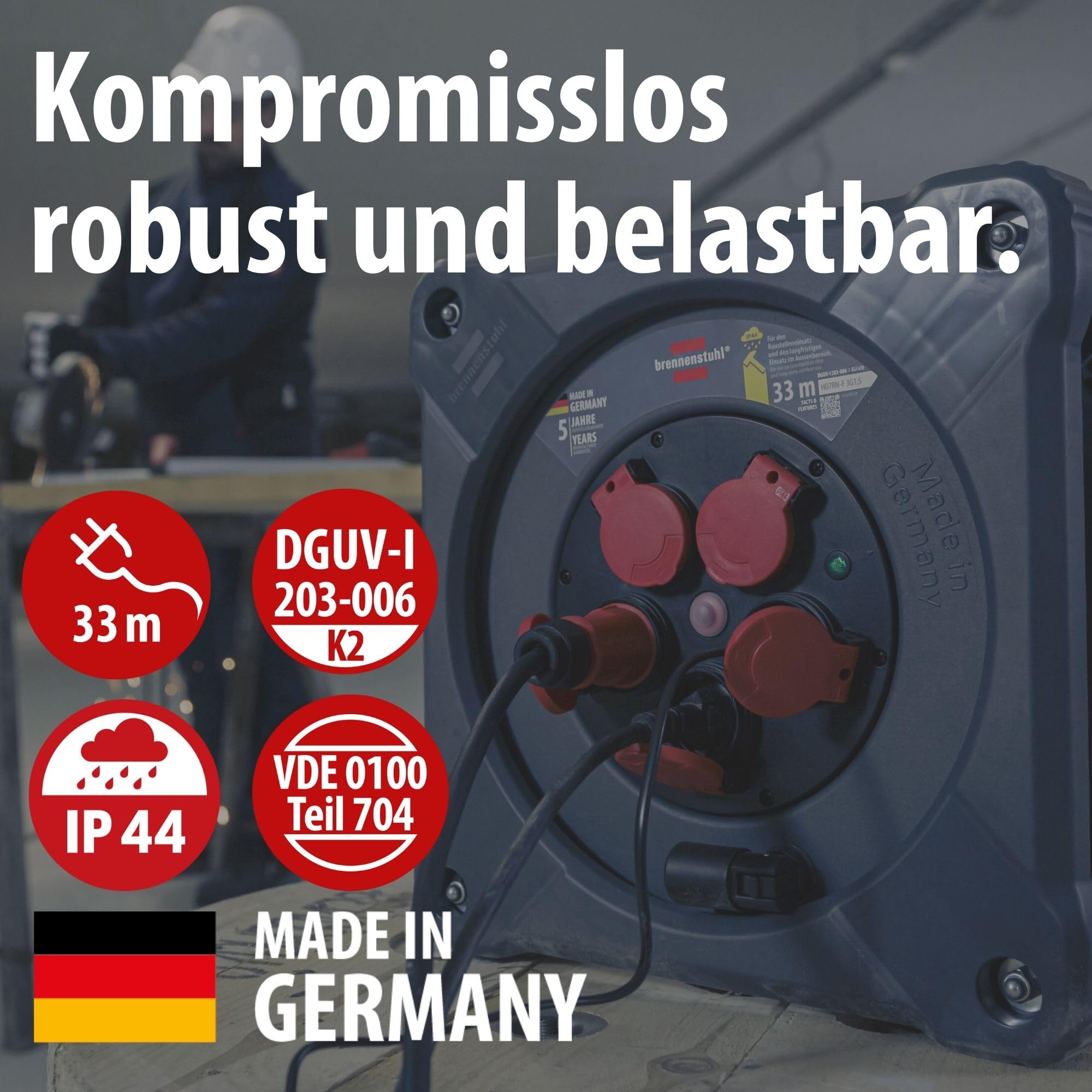 Brennenstuhl Avvolgicavo professionale per cantiere, KA 3100 5 IP44 (33 m H07RN-F 3G1,5 cavo in nero, 5 prese di sicurezza, uso in cantiere e uso esterno permanente, Made in Germany)