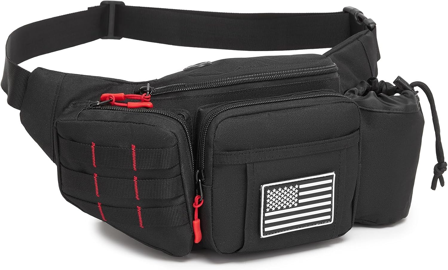 Tactical Fanny Pack for Men Waterproof with MOLLE System, Military Waist Bag Hip Belt with Adjustable Strap Earphone Hole, Bumbag for Outdoor Hiking Cycling Fishing Walking Black Red