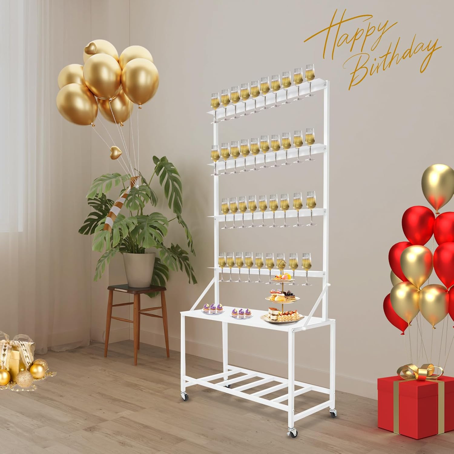 Champagne Wall Holder for Party, 4 Tier Champagne Tower Stand on Wheels, 40 Slots Flutes Display Stand with Storage Shelf, White Mobile Bar Cart Wine Glass Holder for Wedding Baby Showers