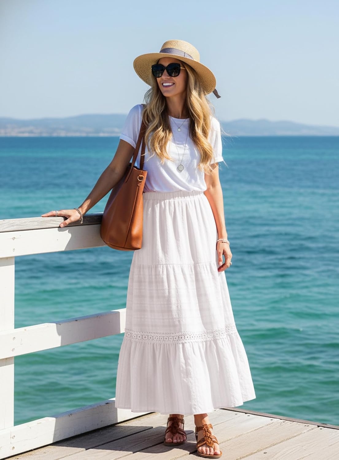 BLENCOT Long Skirts for Women Boho Crochet Lace High Waisted A-Line Cotton Tiered Maxi Skirt - Image 2