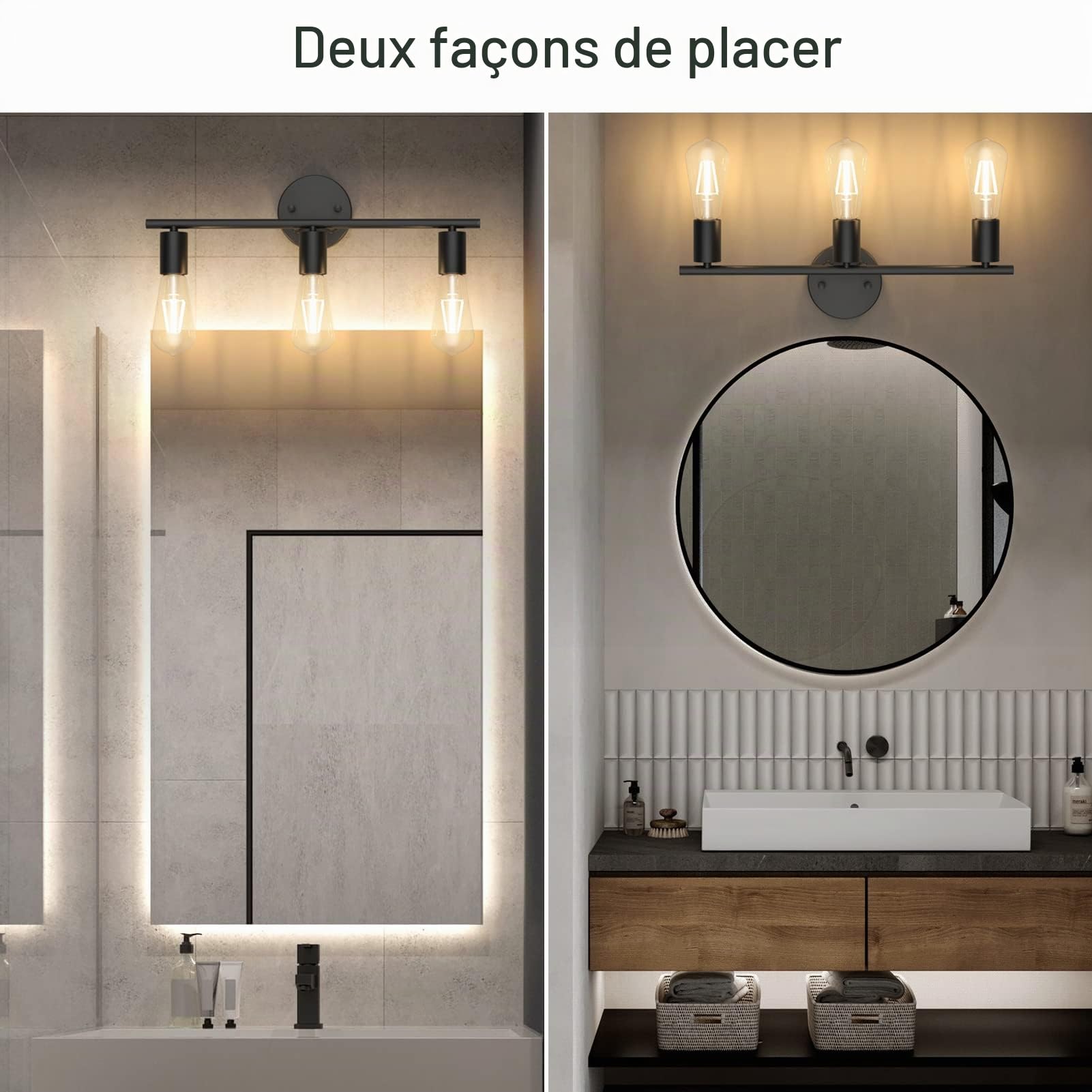 Klighten Lampe Miroir Salle de Bain Vintage 3 Lumières Applique Murale en Métal Noir Intérieure Miroir lumière Salle de Bain, Longueur: 48cm / 18.9 pouces, Douille E27, Ampoule non Incluse