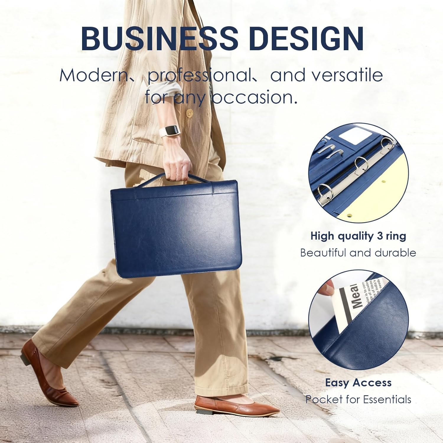 Faux Leather Portfolio with Handle, 3-Ring Padfolio Organizer for 13.9-Inch Laptop/Tablet, A4 Legal Pad Holder, Multi-Pocket Business Folder for Work, Office, Meetings & Daily Commute (Blue)