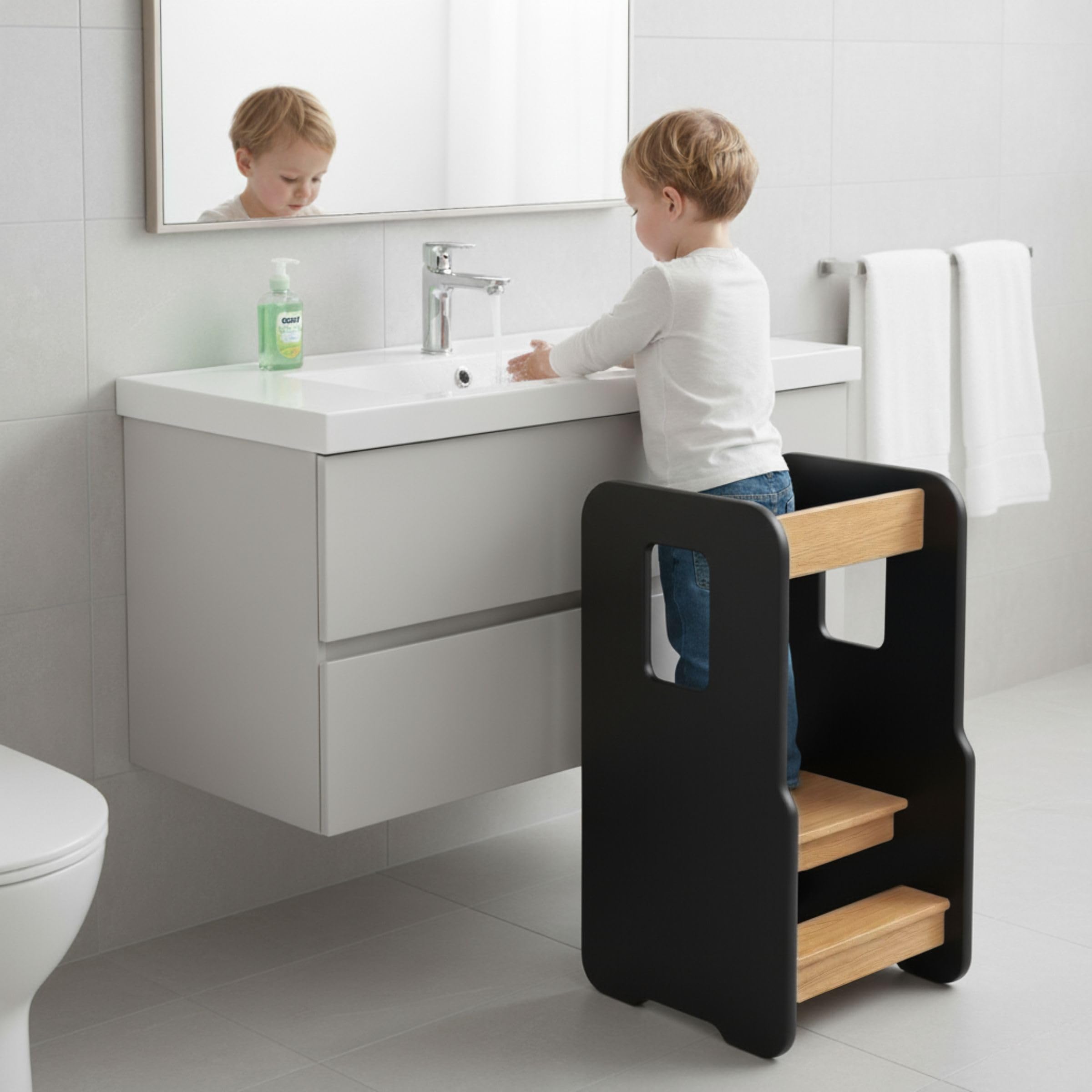 ComfortCove Montessori Leertoren, Leertoren vanaf 1 Jaar, Keukentoren voor Kinderen, Kinderkrukje, Activiteitentoren, Learning Tower, 3-laags in Hoogte Verstelbare, Zwart/Eiken