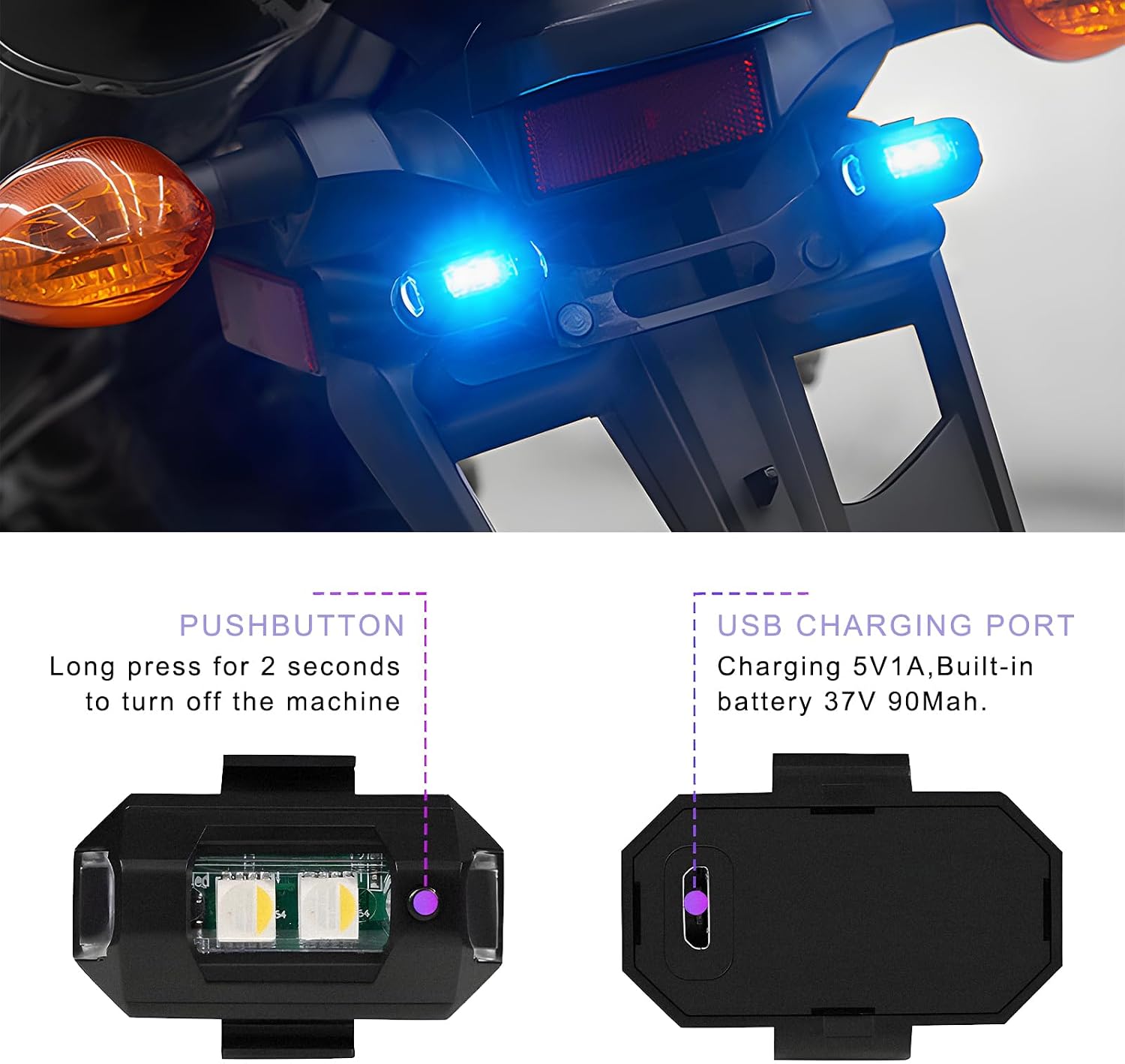 2PCS Mini LED Strobe Lights, 7 Colors USB Rechargeable Flashing Light Emergency Warning Lamp, High Brightness Anti-Collision LED Lights for Cars Motorcycles Bikes Drones