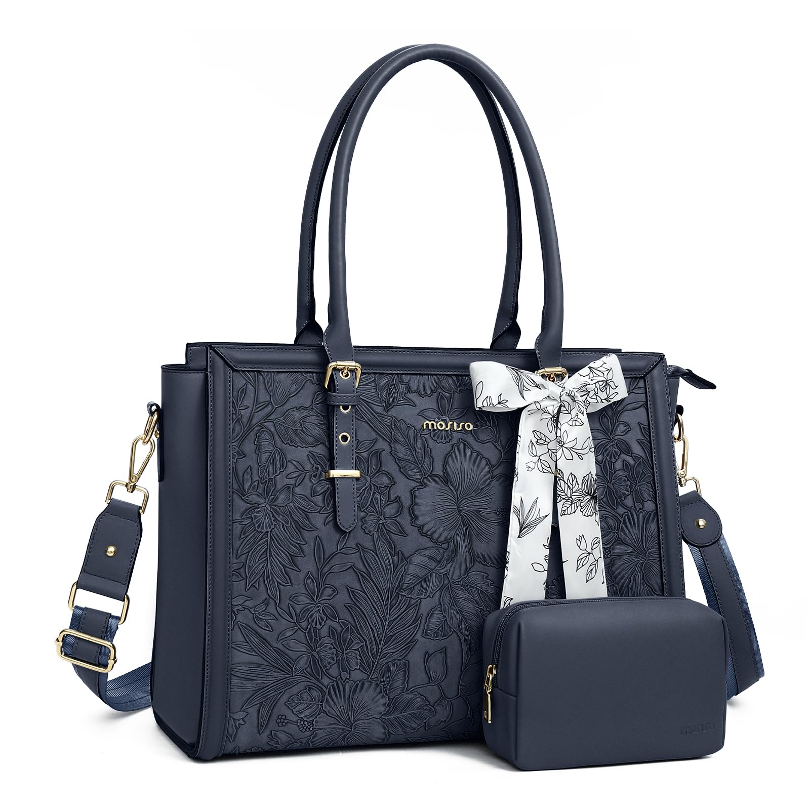 MOSISO Sac Ordinateur Femme 17-17,3 Pouces,Sac Fourre-tout en Cuir PU Compatible avec MacBook,HP,Dell,Asus,Sac PC Portable Rétro Hibiscus Gaufré avec Écharpe Soie&Pochette,Brume Bleu
