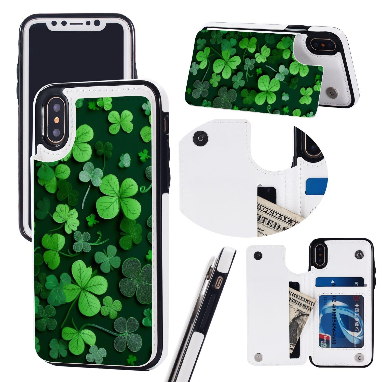 Etui portfelowe na iPhone X/XS, Dzień Świętego Patryka pozostawia nadruki skórzane etui na telefon z klapką z przegródkami na karty