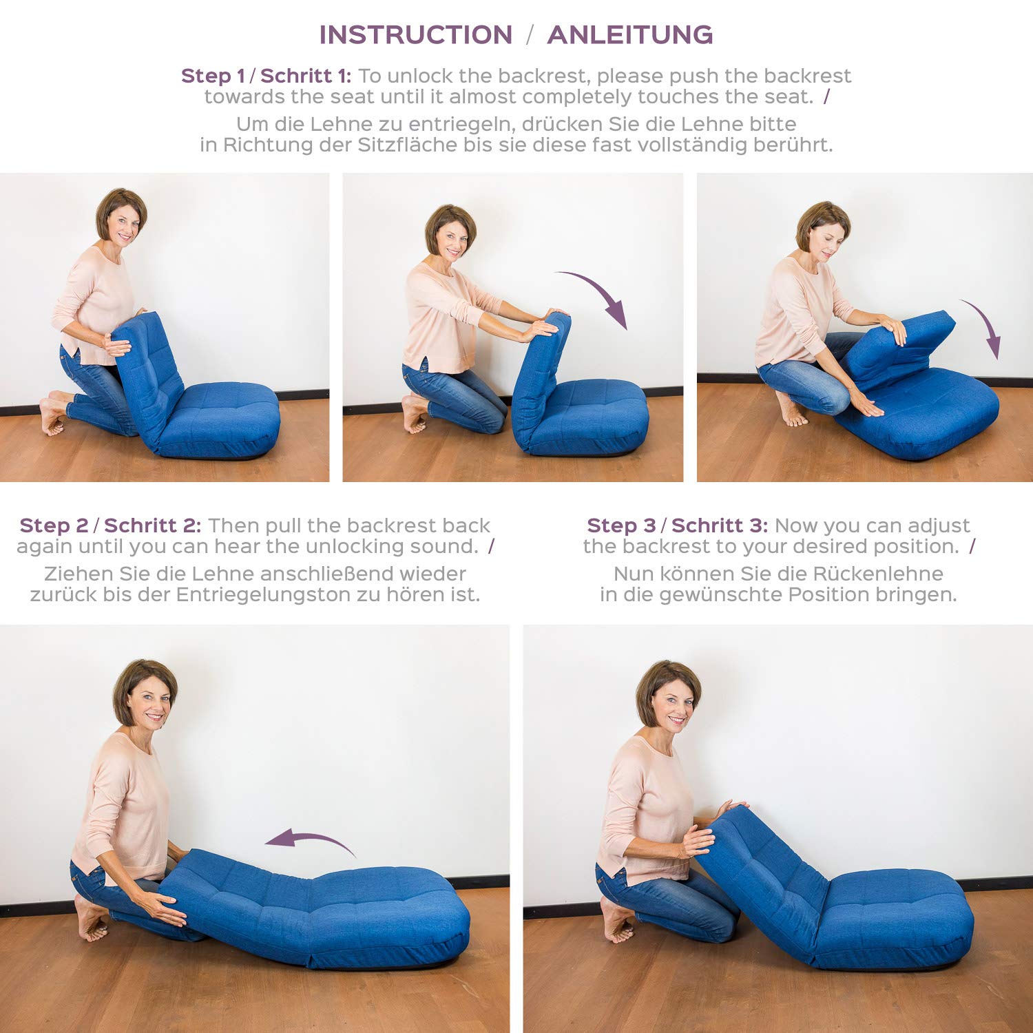 bonVIVO Easy Lounge – Silla Suelo Plegable, sillón reclinable 5 Posiciones para Lectura, meditación y Gaming, Acolchada y ergonómica, Ligera, fácil de Guardar – Azul y Gris