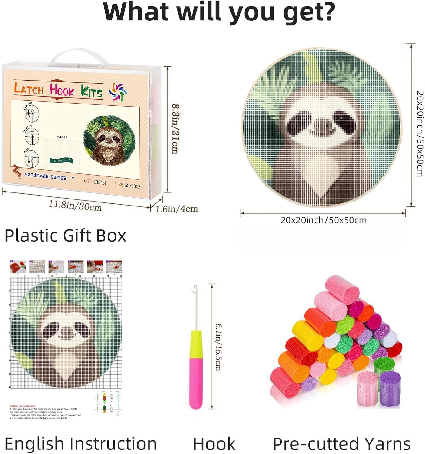 Latch Hook Rug Kit Cute Sloth Stamped Handmade Round Shape Carpet Crochet Yarn Craft DIY Hook and Latch Door Mat Tapestry for Christmas Home Floor Decor 50x50cm(1)