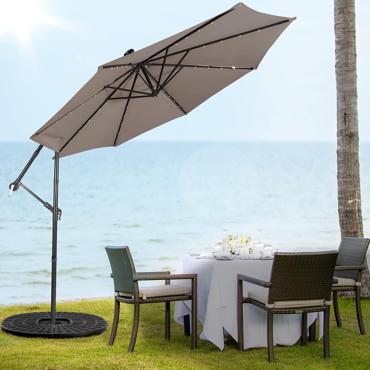 Giantex Patio Umbrella 10 Ft, Pool Umbrellas with 32 LED Lights Solar Powered Offset Umbrella, 8 Ribs Cantilever Umbrella with Tilting Adjustment, Heavy-Duty Outdoor Umbrellas
