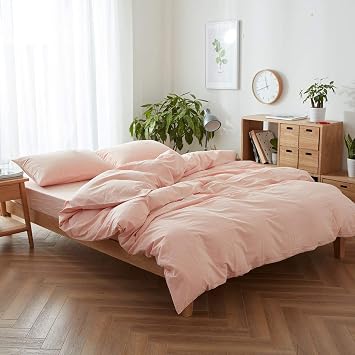 RRlinen 3-Piece Duvet Cover with 2 Pillow Shams 100% Washed Cotton Duvet Cover with Ultra Soft and Easy Care,Simple Style Bedding Set Rose Pink King