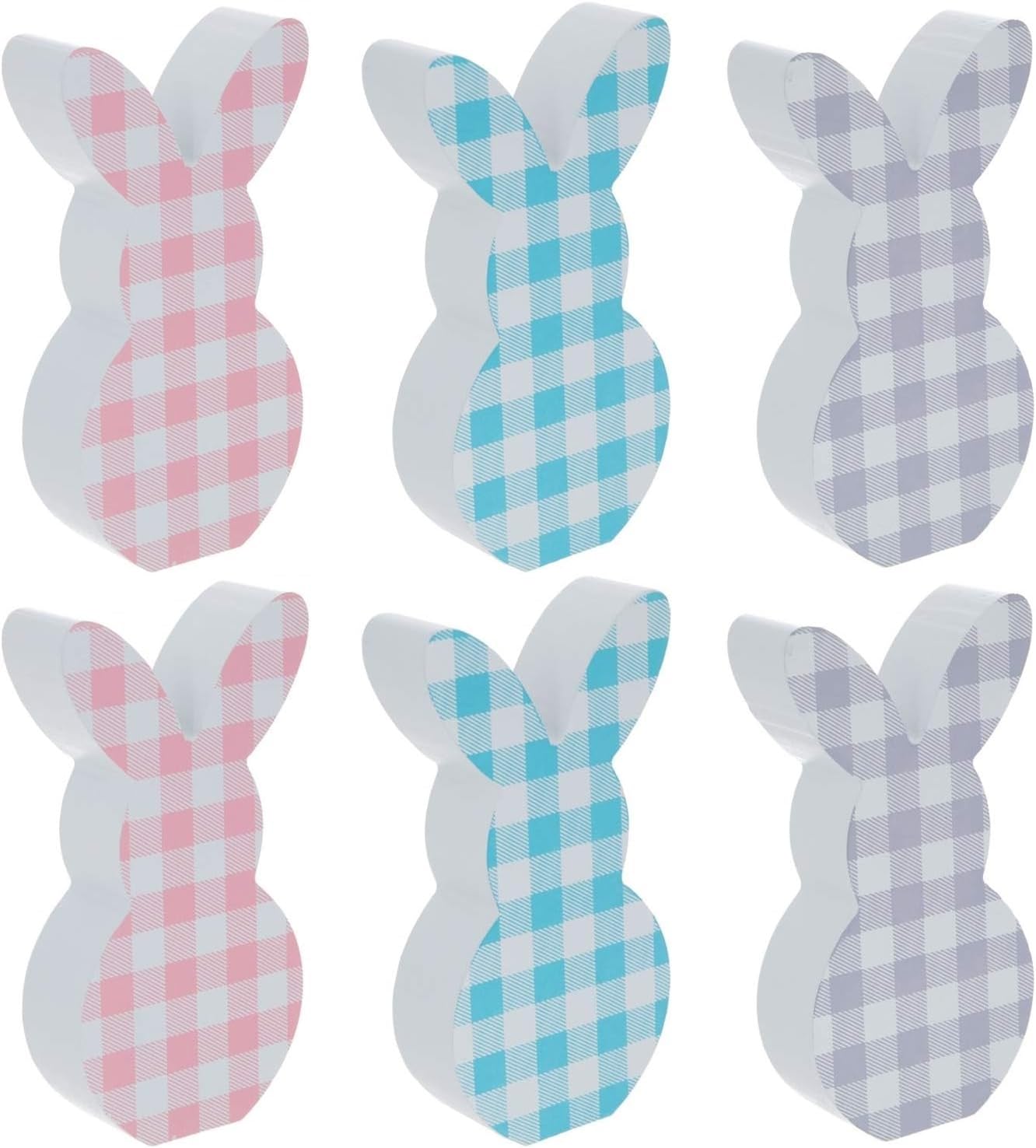 HAPPY DEALS ~ Easter Bunny Block Set | 6 Pc Set | Gingham Check Wooden Rabbits 5 inch | Shelf Sitter Tiered Tray Set