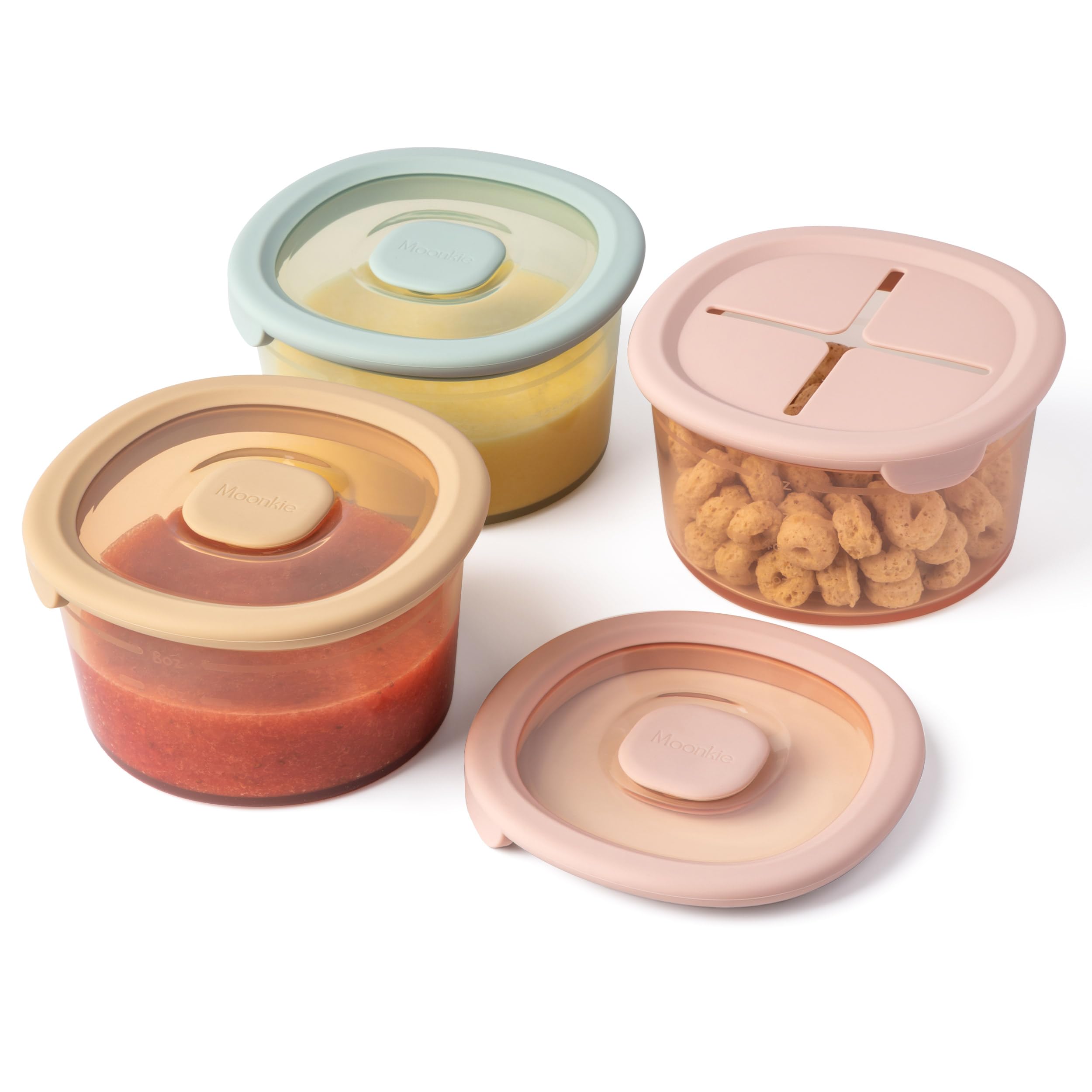 Moonkie Silicone Baby Food Storage Containers | 240 ml Baby Food Jars with Airtight Lids and A Snack Lid | Snack Containers for Toddler | BPA Free | Freezer & Dishwasher Safe | 3 Pack (Blush)