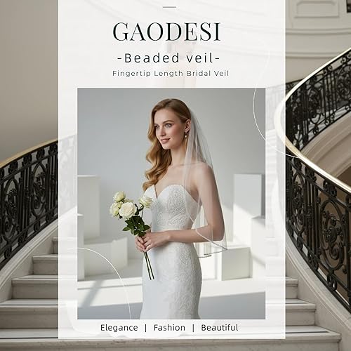 Miniatura 5 de Velo de novia Perlas y Cristales con Cuentas Borde 1 Nivel Dedo Longitud Velo de Novia