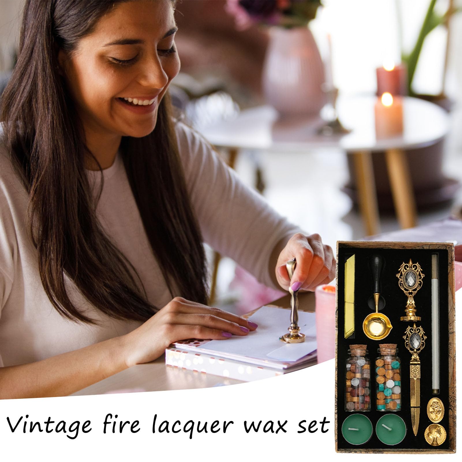 Vintage Wachssiegel-Stempelbox-Set,Versiegelungsset Wachsset Stempel Feuerlack | Tragbares Feuerfarbenwachs-Stempelset mit austauschbaren Stempeln für Geschenkpapier, Umschläge