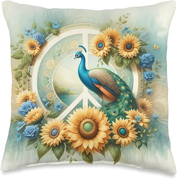 Peace Symbol Peacock Peafowl Aesthetic Designs Beautiful Peace Sign Sunflower Peacock Peafowl Aesthetic Throw Pillow, 16x16, Multicolor