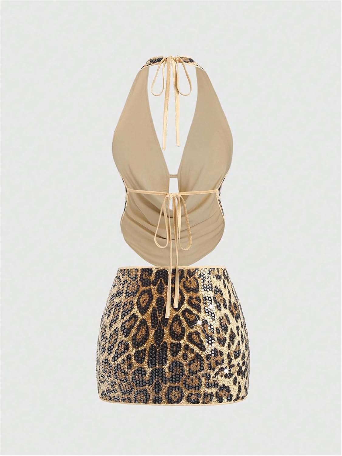 Women's 2 Piece Outfits Sexy Sequin Cheetah Halter Going Out Top and Leopard Bodycon Mini Skirt Party Rave Clubwear - Image 2