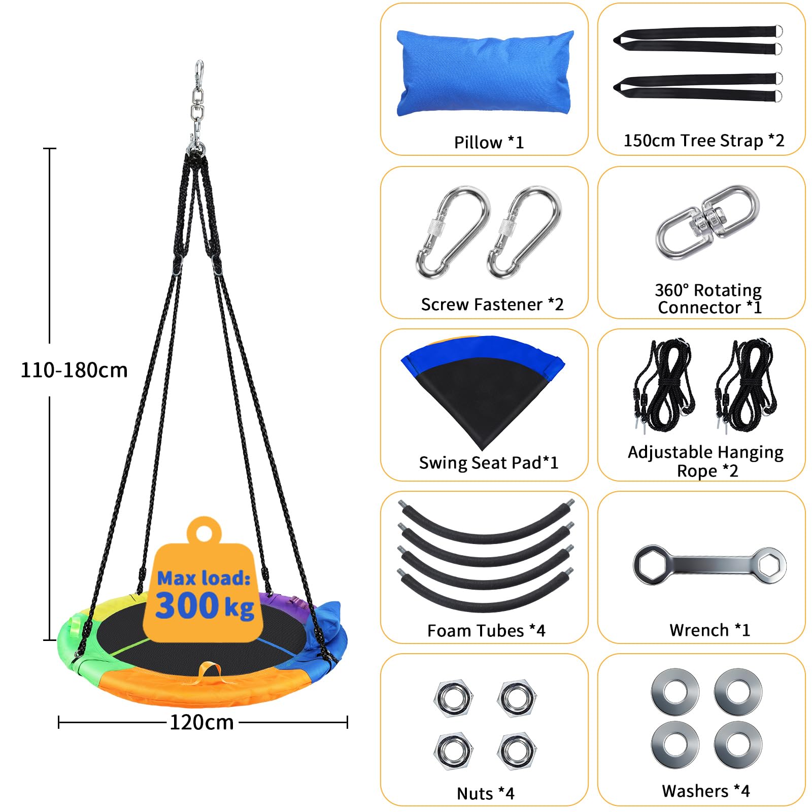 BELEEV Balançoire Nid D'oiseau120 cm, Réglable en Hauteur (110-180cm) | Balancoire pour Exterieur/Interieur avec Oreiller et 4 Poignées, Supportant Une Charge Jusqu'À 300 kg pour Enfants et Adultes