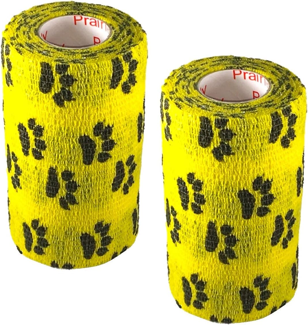 Vet Wrap Wrap Tape (Yellow with Paw Prints) (2 Pack) (2 Inch x 15 feet) Self Adhesive Adherent Adhering Cohesive Flex Self Stick Bandage Grip Roll Dog Cat Pet Horse