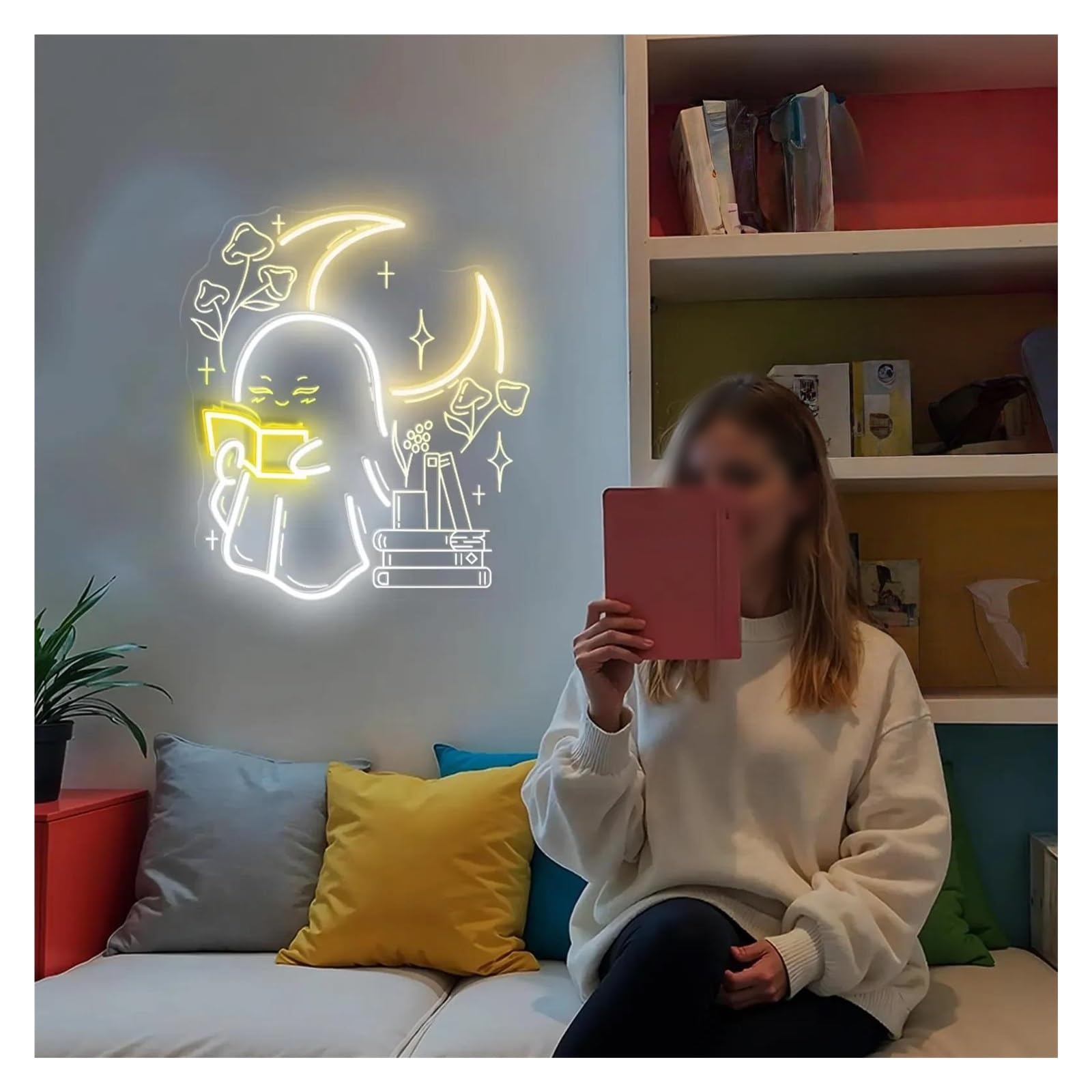 Luces de neón Letrero De Neón De Fantasma Leyendo Un Libro, Letrero De Neón De Boo Leyendo Libros, Adecuado Para La Decoración De La Pared Del Dormitorio 50x44cm(C)