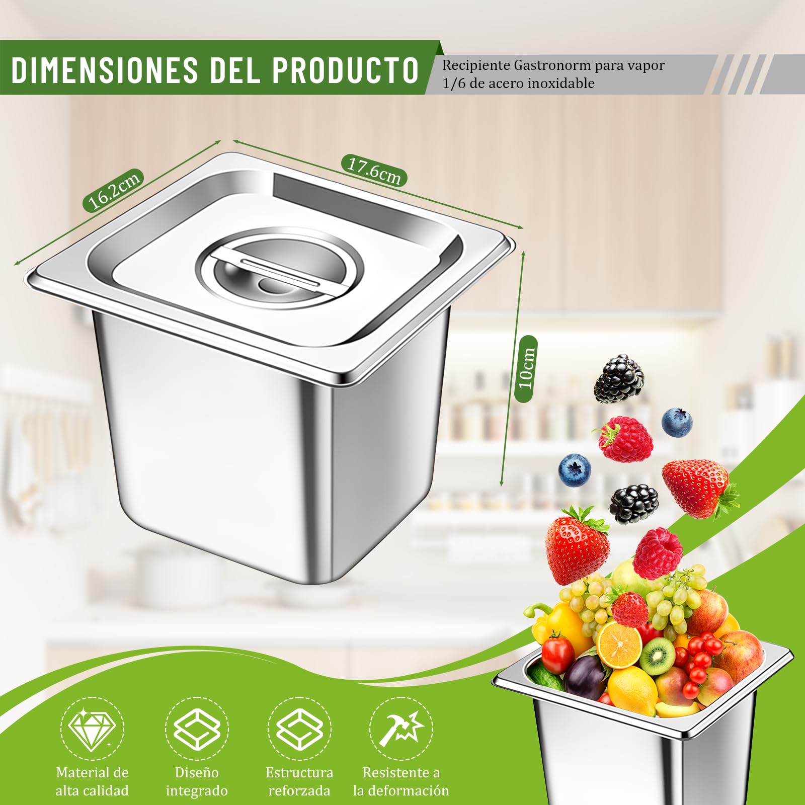 4 recipientes GN 1/6, 17,6 x 16,2 x 10 cm, recipientes de acero inoxidable con tapa, recipientes apilables para gastronomía, recipientes gastronómicos, recipientes gastronómicos, recipientes