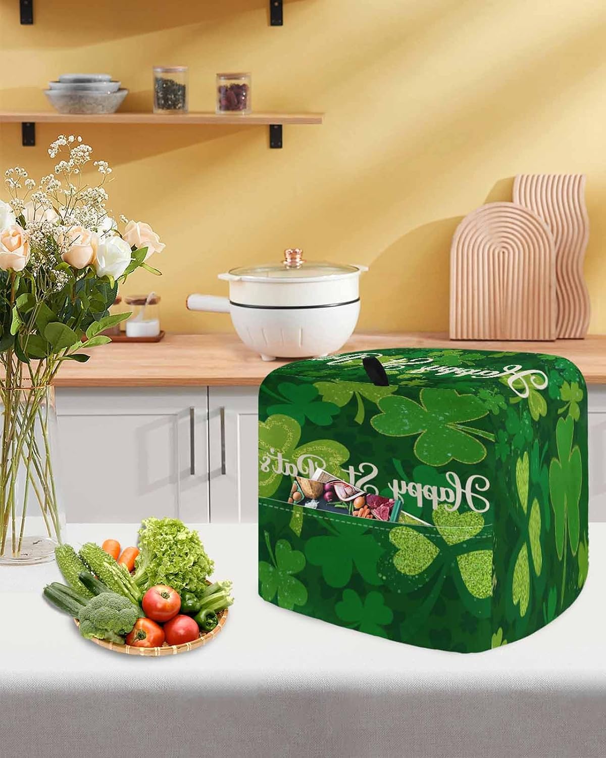 St.Patrick's Day Stand Mixer Cover with Storage Pocket, Waterproof Kitchen Mixer Covers, Watercolor Green Shamrock Spring Leaves Kitchen Appliance Dust Cover Compatible with 4/4.5 Quart Mixers