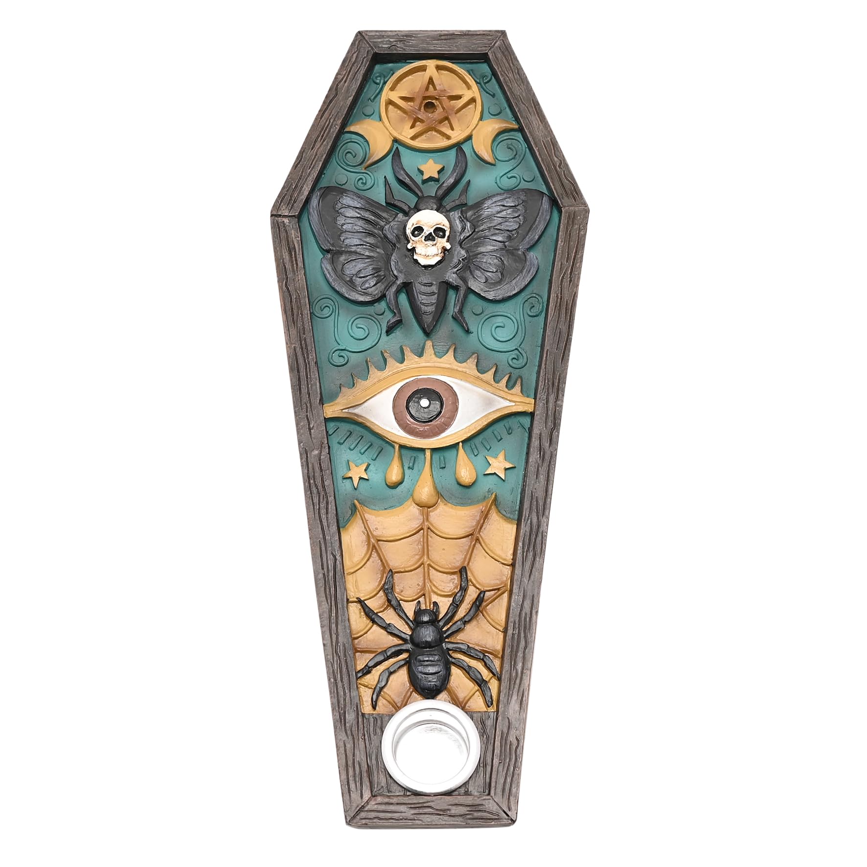 Mystic Legends All Seeing Eye Incense Burner – Coffin-Shaped Gothic Holder with Symbolic Icons for Mystical Fragrance and Home Décor