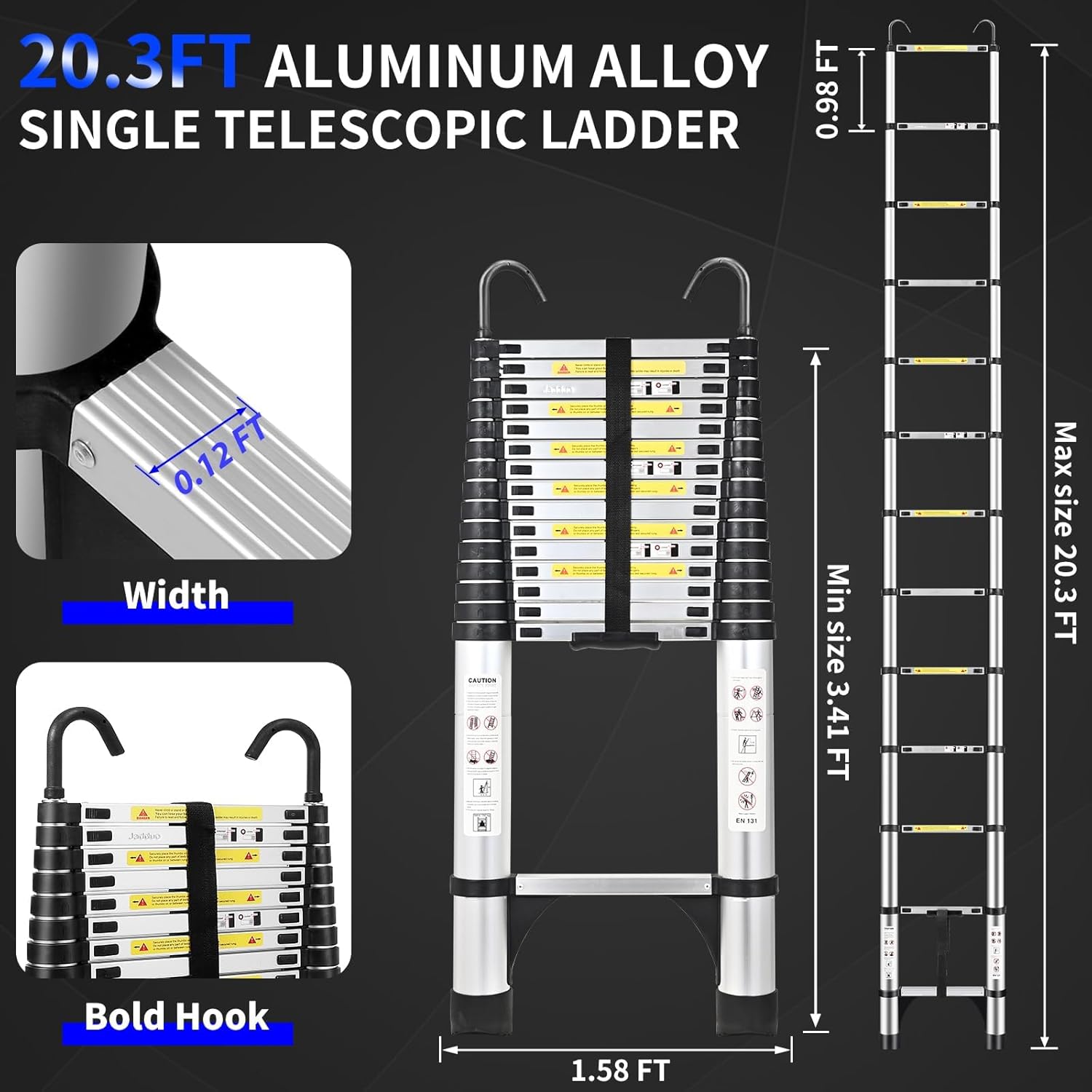 JADDUO 20.3 FT Telescopic Ladder, Aluminium Silver Telescoping Ladder with Non-Slip Feet and Stable Hook, Portable Extension Ladder for Household and Outdoor Working, Heavy Duty 330 lbs Max Capacity