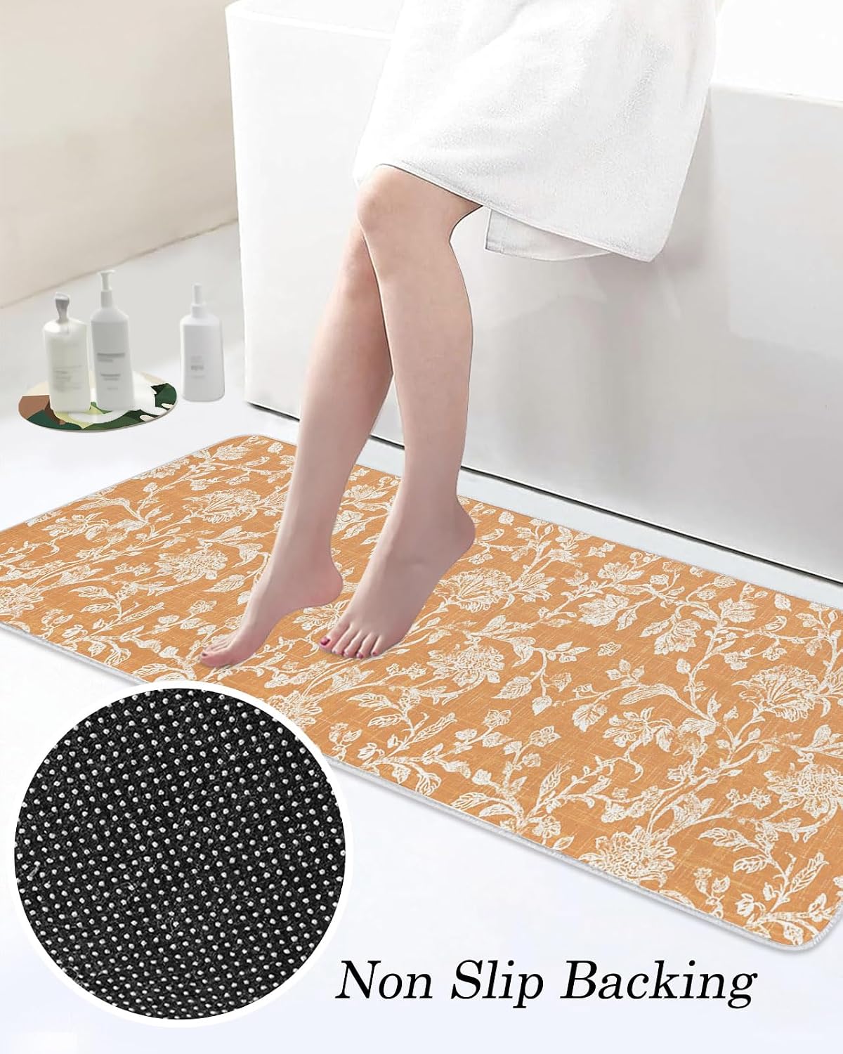 Orange Flower Kitchen Mats Set of 2 Pastoral White Plant Petal Leaf Rustic Linen Non Slip Mat Washable Floor Rug for Kitchen Sink Floor Laundry, 20"x24"+20"x48"
