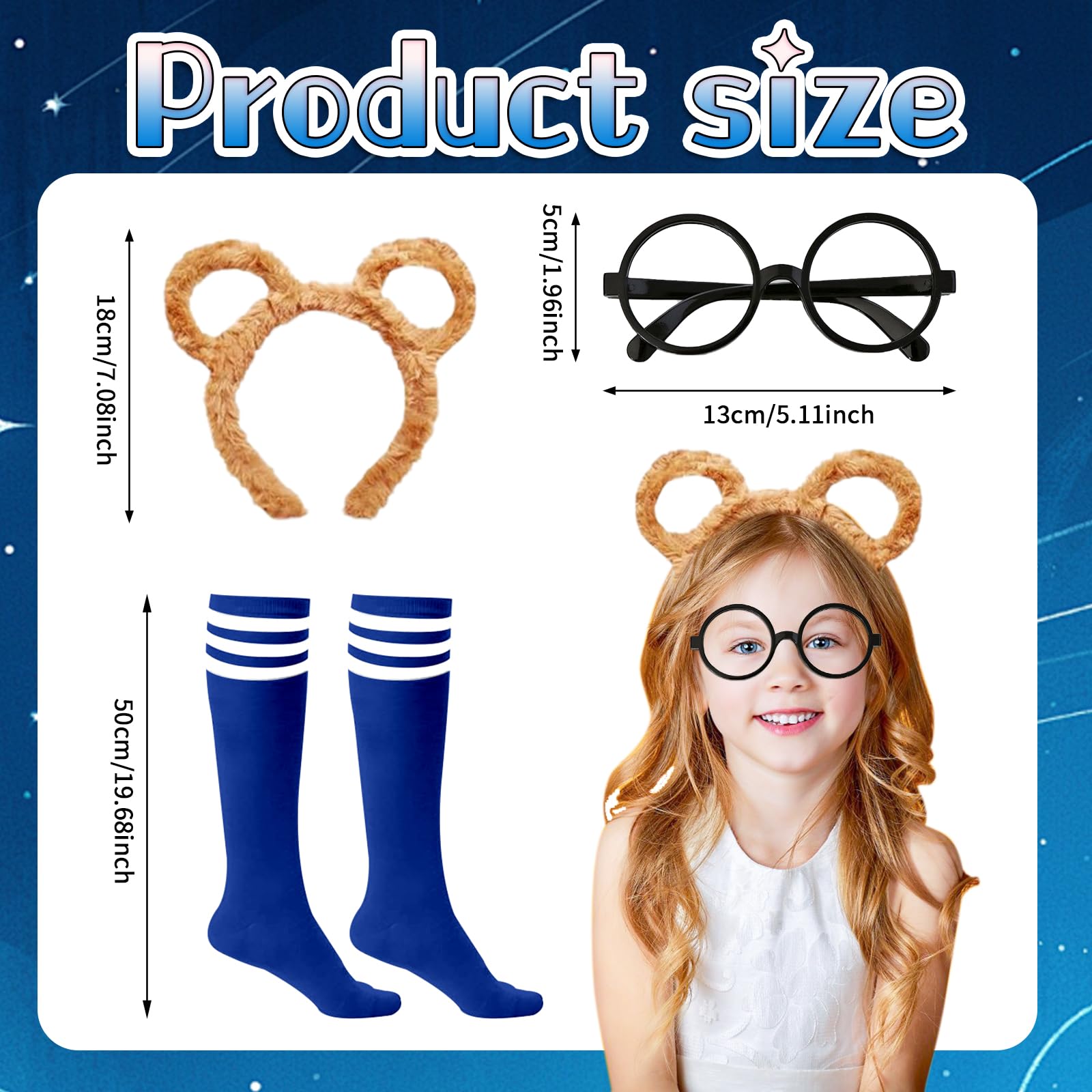 4Pcs Chipmunks Costumes Set including Chipmunk Headband Glasses T-shirt Soccer Socks - Image 2