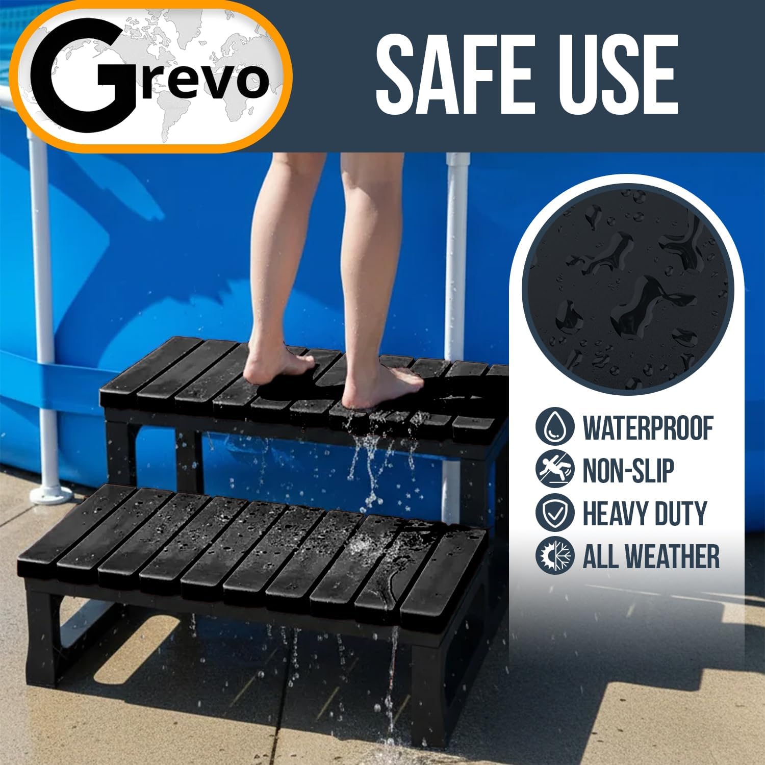 Hot Tub Steps/Spa Steps for Round or Straight Sided Spa, Non-Slip Steps for Outdoor/Indoor (Black)