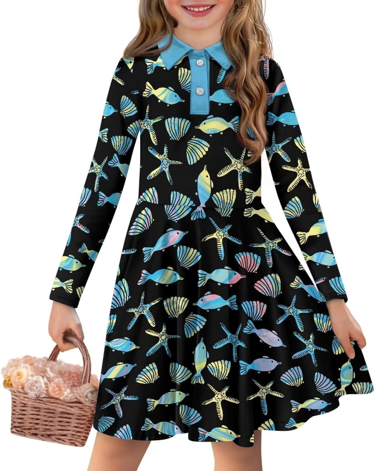 Polo Dresses for Girls Long Sleeve A Line Midi Fit and Twirl Casual, for First Day of School Outfits for Children