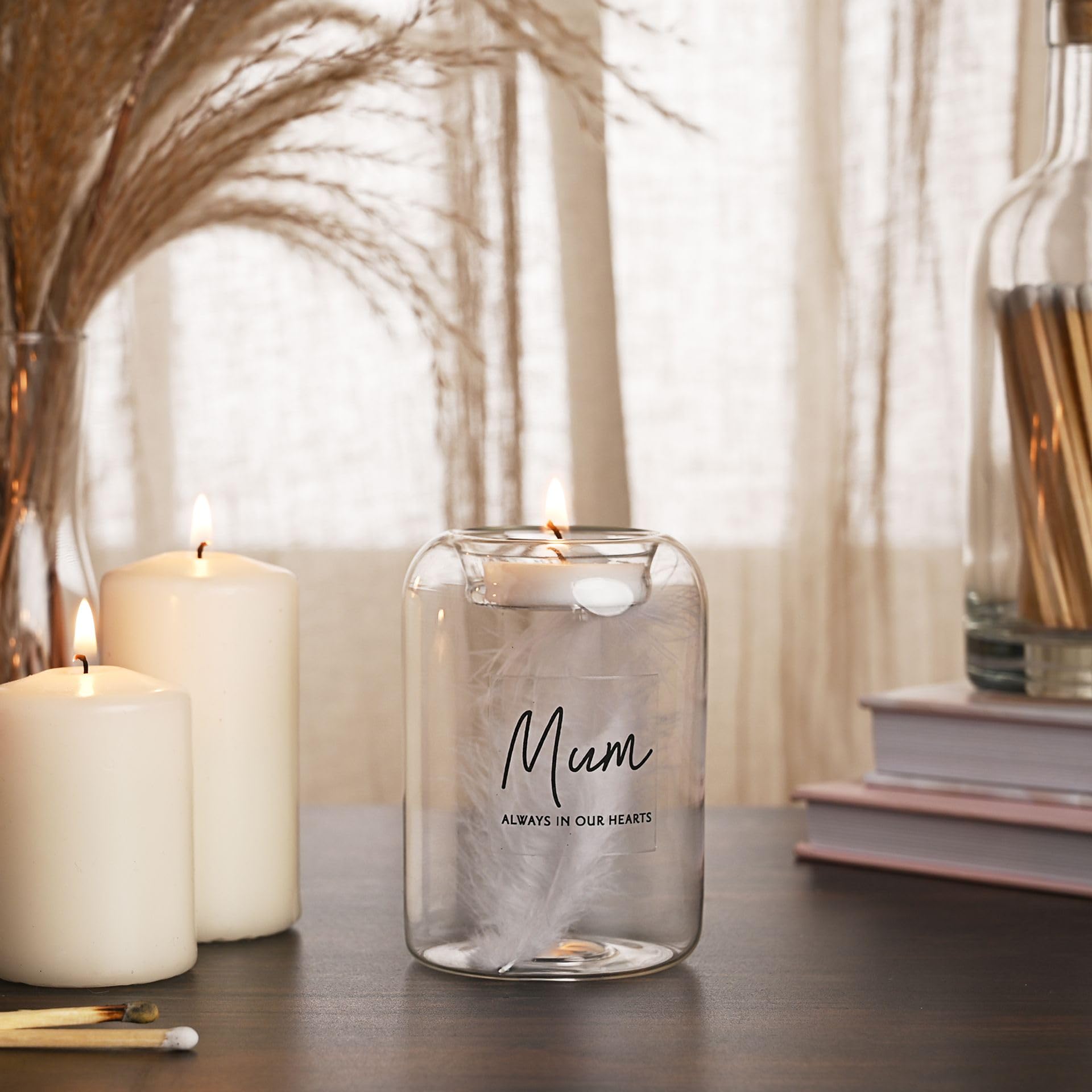 Widdop Thoughts of You Glass Tea Light Holder With Feather Inside, Mum - Image 2