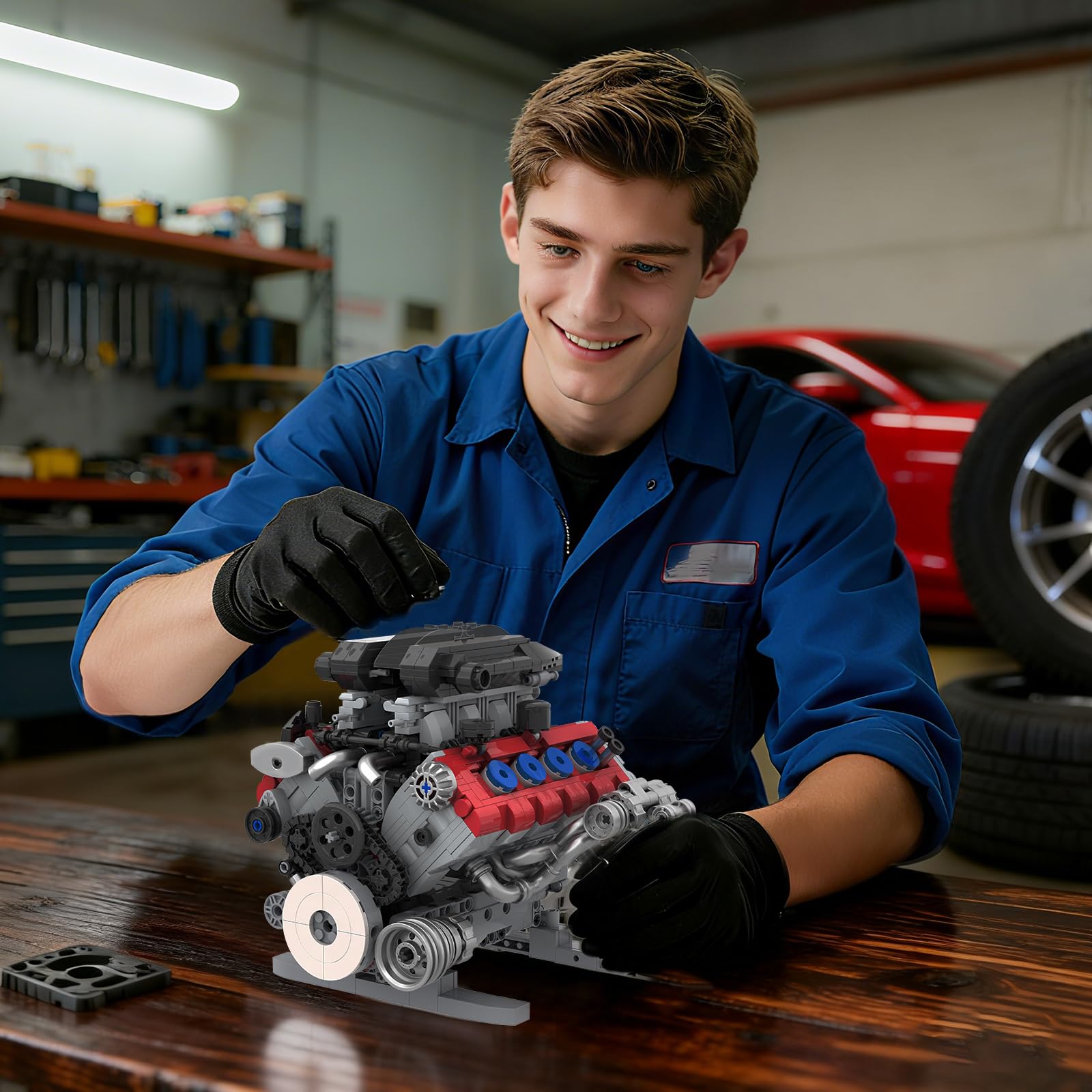 Mavo brix Juego de Construcción de Modelo de Motor V8 que Funciona, Kit de Construcción de Motor V8, Kit de Construcción de Modelos para Adultos, Construye tu Propio Modelo Mini de Motor V8 MOC con