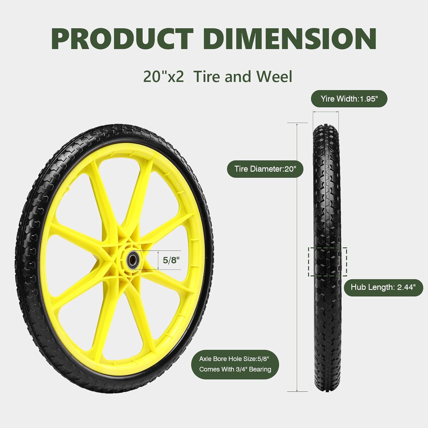 20" Flat Free Tire and Wheel with 3/4" & 5/8" Bearing, Replacement Wheels for Rubbermaid Wheelbarrow,Lawn Carts, Big Wheel Utility Carts and Garden Yard Cart, 2 Pcs Yellow