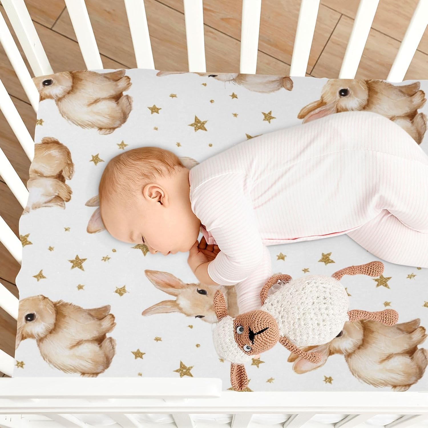 Caikeny Fitted Crib Sheet for Boys Girls Watercolor Rabbits Baby Crib Sheets Star Bunny Bassinet Sheets Crib Mattress Bed Sheets for Toddler Newborn Infant 52 X 28 in