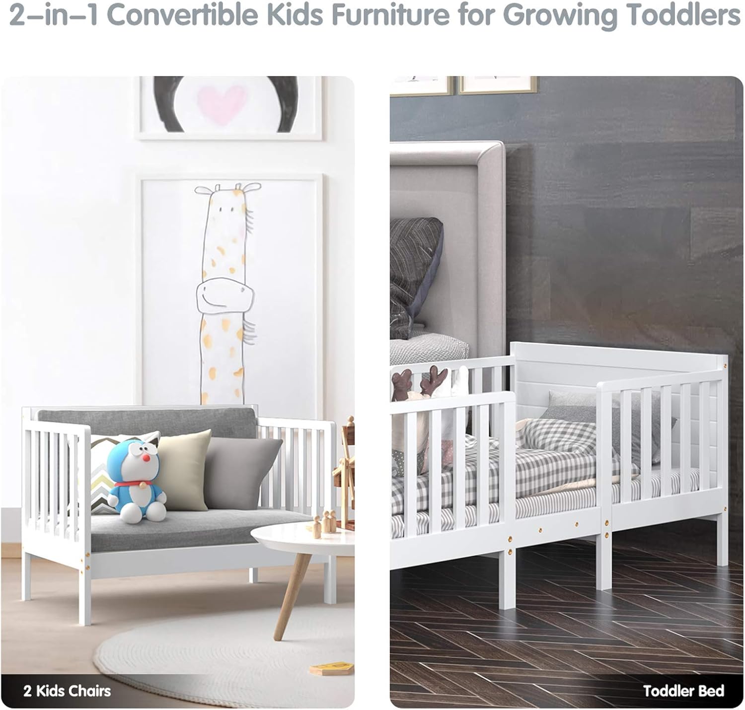Costzon Toddler Bed Frame, 2 in 1 Convertible Wood Kids Bed w/Double Side Safety Guardrails & Footboard for Extra Safety, Toddler Floor Bed Fits Full Size Crib Mattress (White)