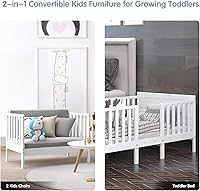 Vista 2 de Costzon Base de cama para niños pequeños, cama convertible 2 en 1 de madera para niños con barandillas de seguridad de doble cara y estribo