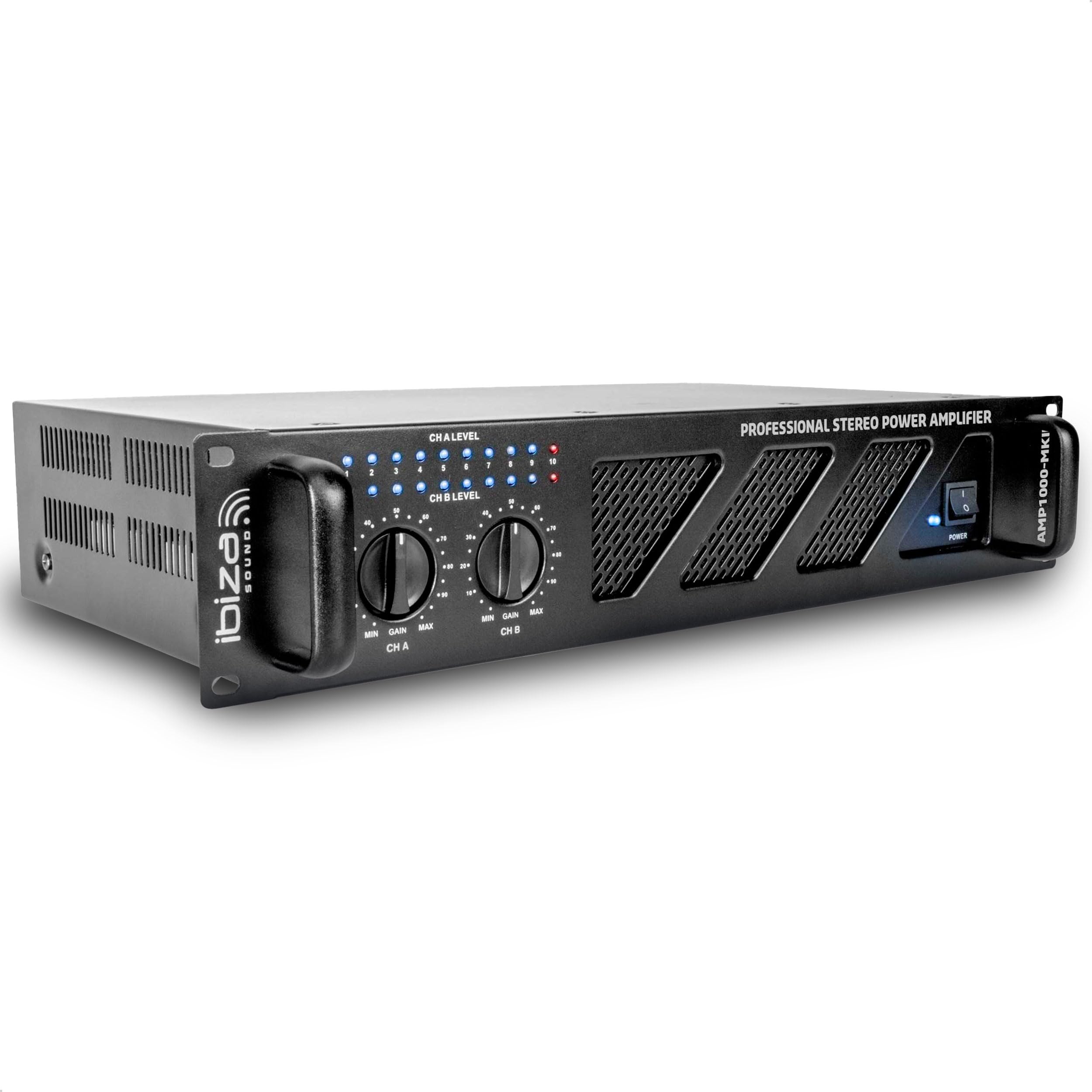 Ibiza AMP1000-MKII Amplificatore PA professionale 2x800 W – Amplificatore di potenza stereo da 19” montabile su rack con ingressi RCA/Jack, uscite Speakon/morsettiera e protezioni elettroniche