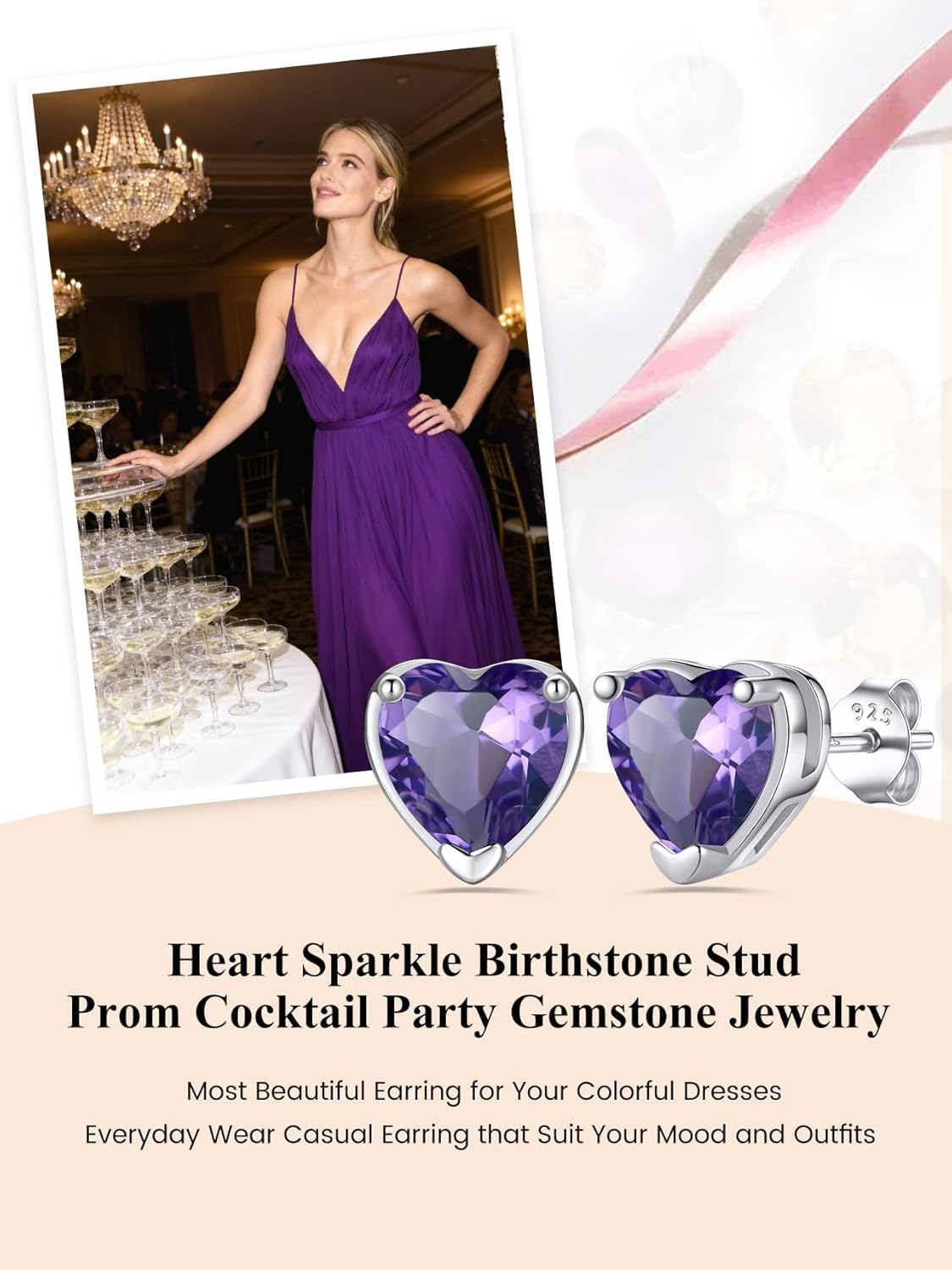 Bestyle 925 Sterling Silver 2CT Birthstone Stud Earrings for Women, Hypoallergenic Heart/Round/Square Cubic Zirconia Earrings Dainty Jewelry Gifts for Birthday,Christmas,Valentine's Day - Image 7