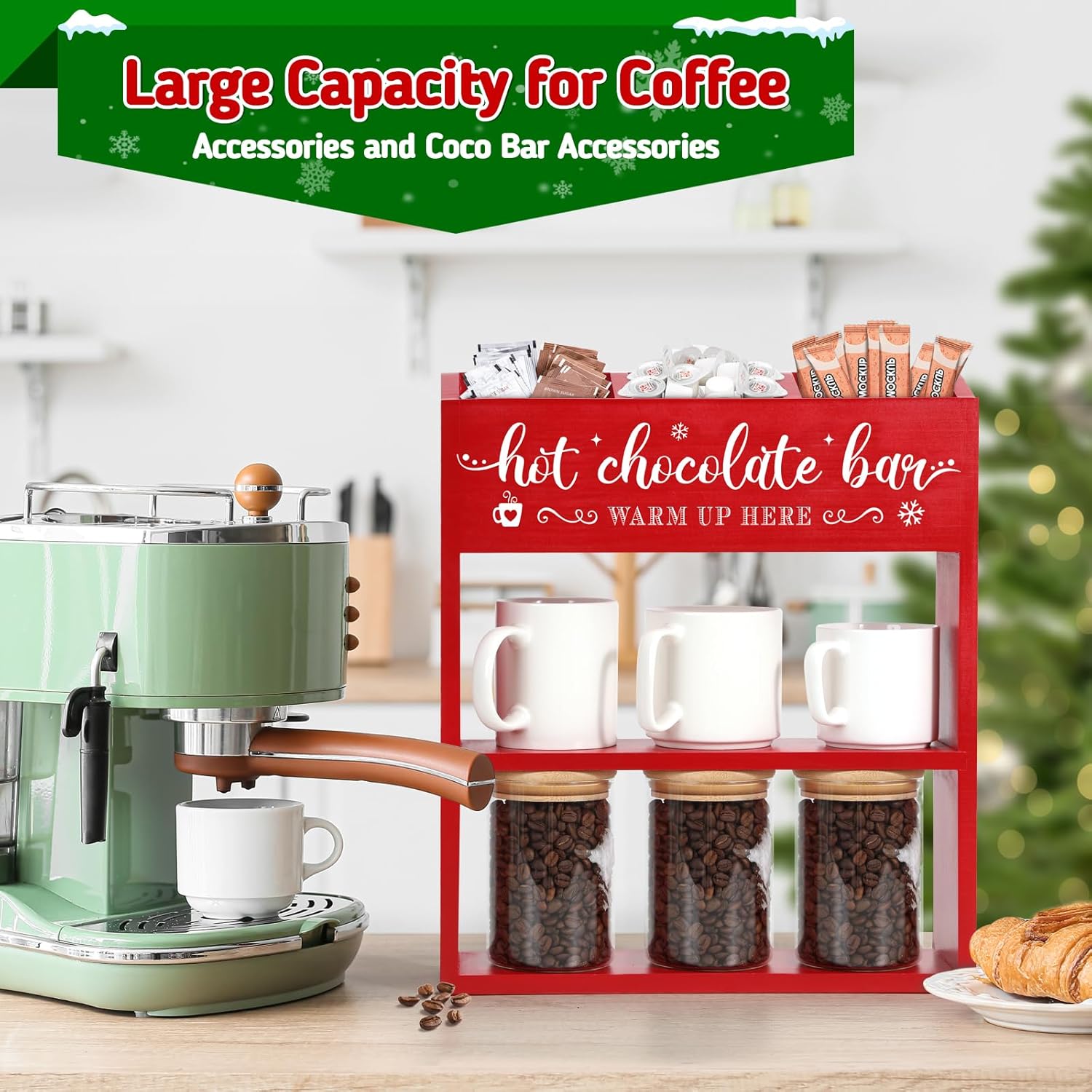 Huray Rayho Wooden Hot Chocolate Bar Organizer Coffee Bar Station Christmas Hot Cocoa Bar Container Storage Box for Mug Coffee Cup Hot Cocoa Supplies Accessory Kitchen Home Decor House Warming Gift