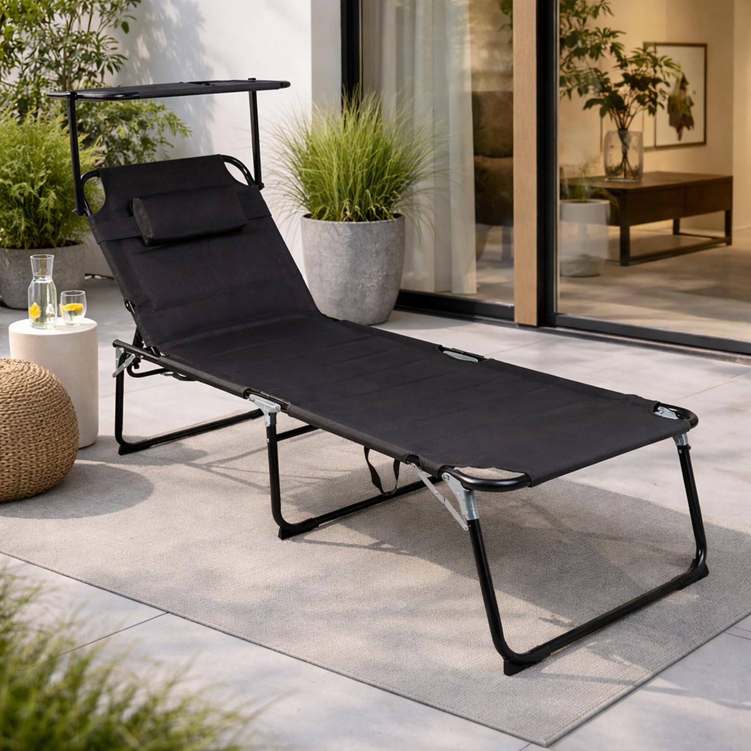 Mojawo Sedia a sdraio da giardino, XXL, in alluminio, con cuscino, pieghevole, 200 x 70 x 45/95 cm, portata fino a 150 kg, colore: nero