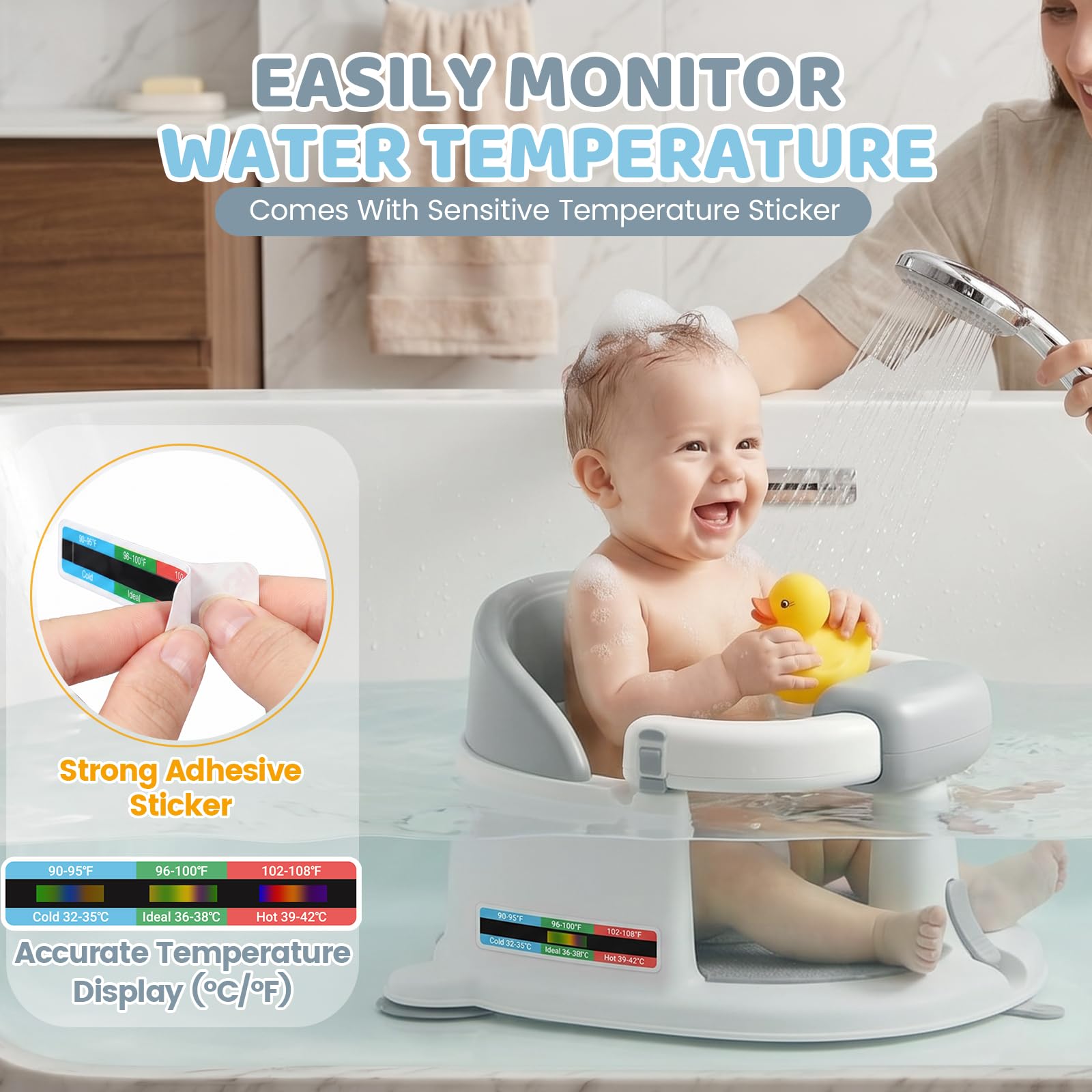Orzbow Asiento Bañera Bebe de 6 a 24 Meses con Pegatina Temperatura, Gris