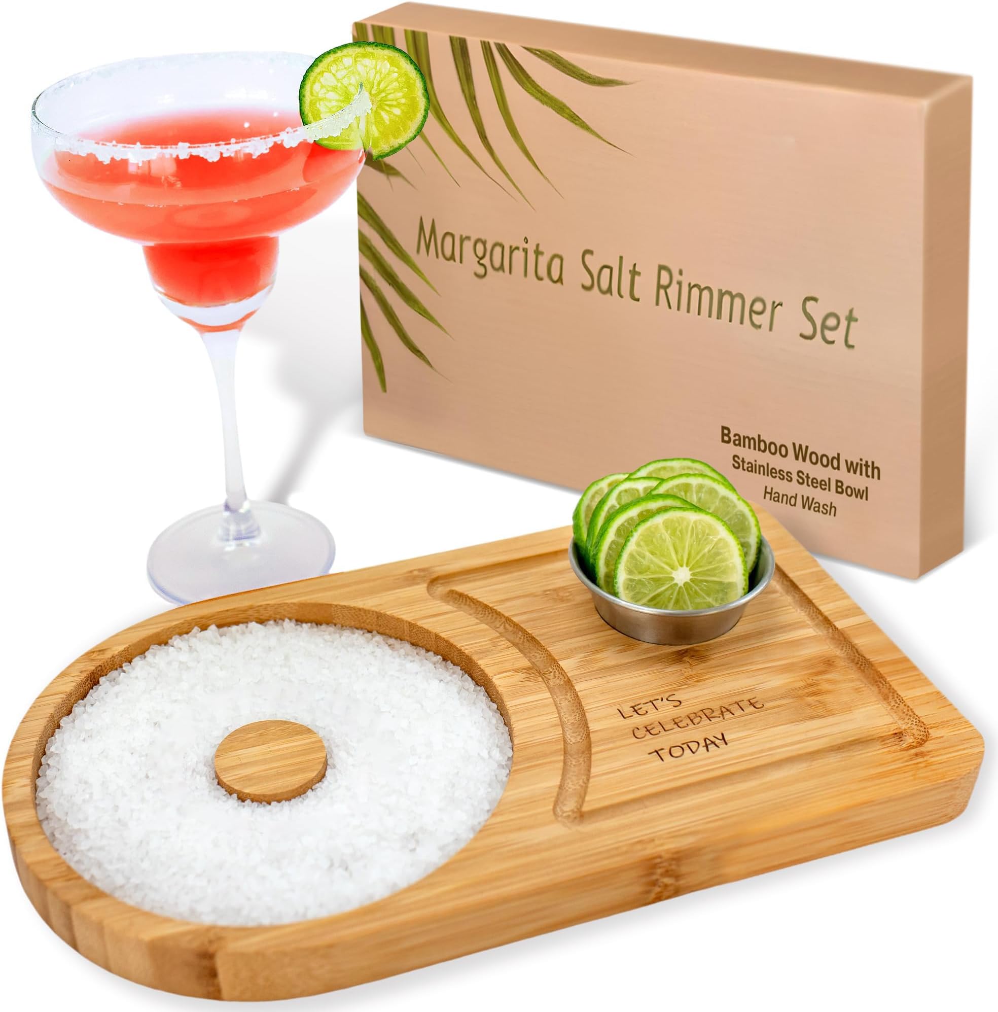 Margarita Salt Rimmer Set for up to 6" Wide Glass Rims - Bamboo 'Let's Celebrate Today' Wood Margarita Rimmer Set w/Bowl & Room for Margarita Accessories- Margarita Sugar Rimmer for Cocktails