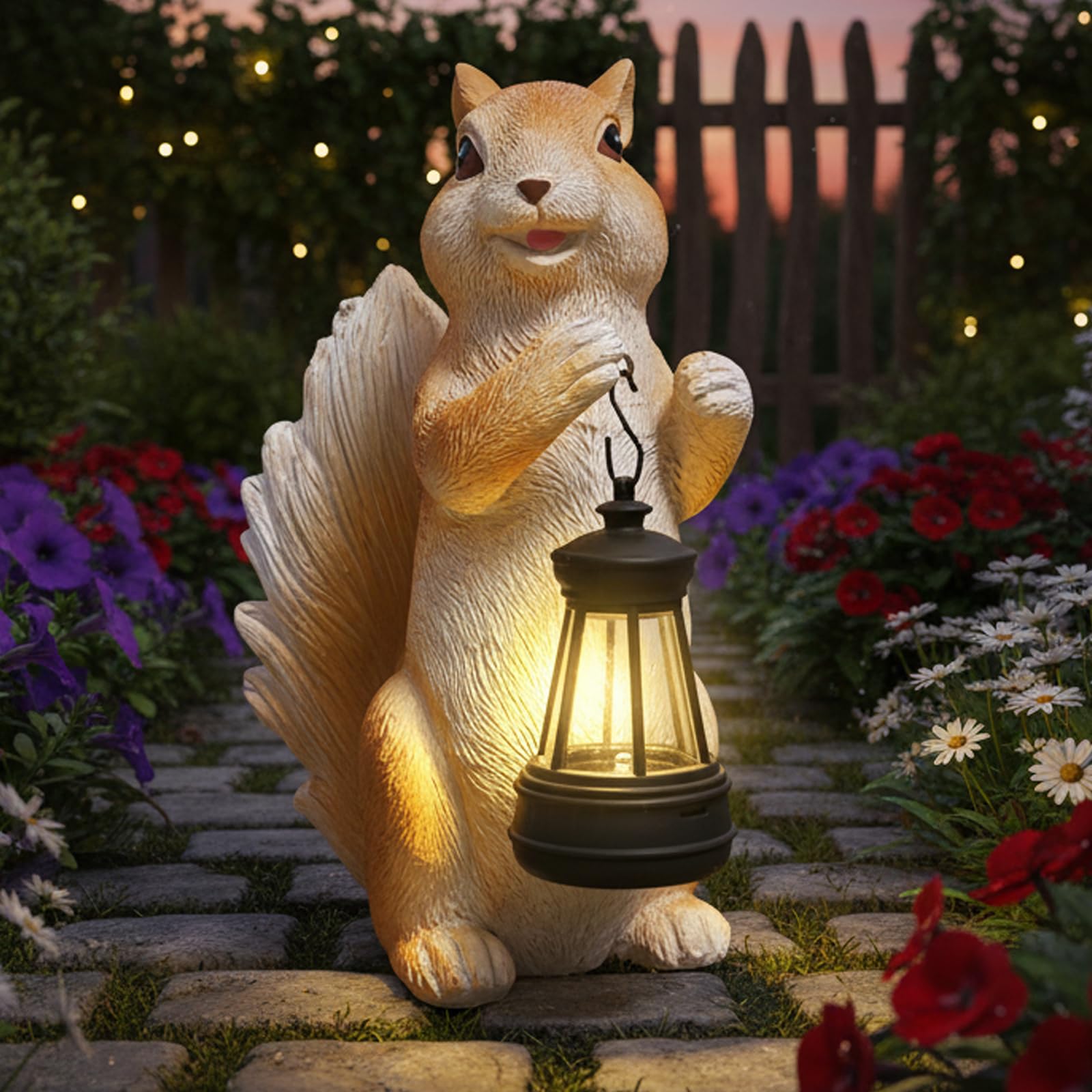 lifemet Scoiattolo decorativo da giardino a energia solare, scoiattolo, decorazione da giardino per esterni, resistente alle intemperie, con lanterna, statuette da giardino per giardino, balcone