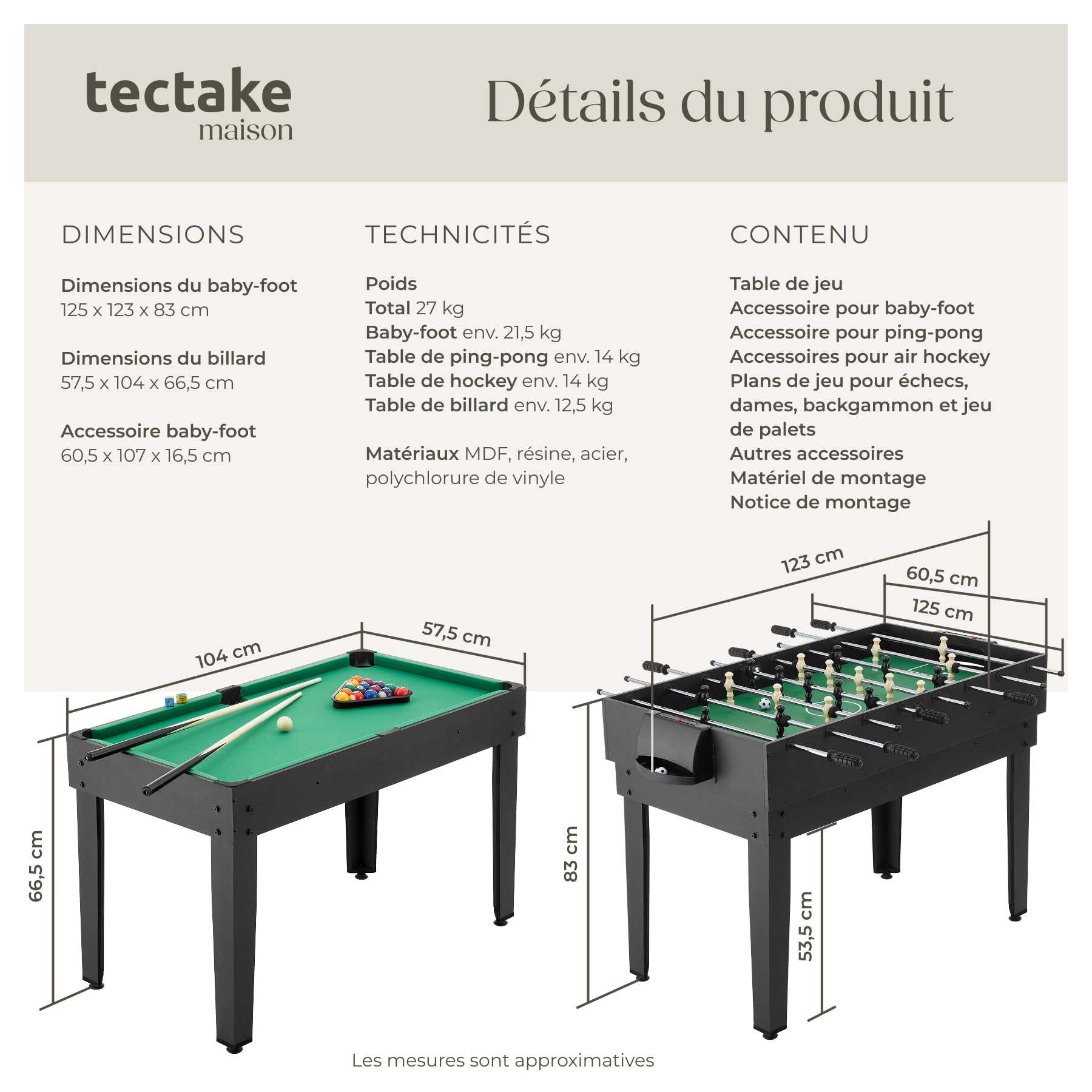 tectake® Table multijeux 15 en 1 Complet, Babyfoot, Ping Pong, Billard, Jeu de Dames, Backgammon, Échecs, Air Hockey, Bowling, Table de Jeux Billard Convertible, 125 x 123 x 83 cm, Accessoires Inclus