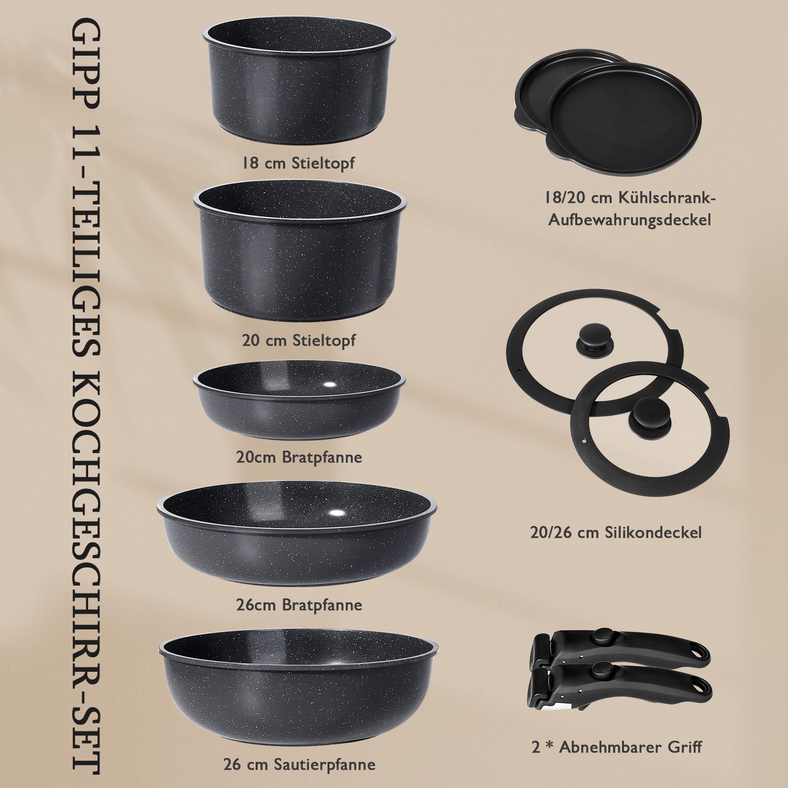 GiPP Set di Pentole e Padelle Ceramiche Antiaderenti 11 Pezzi con Manico Amovibile - Cucina Sana per Camper, Senza Tossine, Compatibile Induzione/Forno/Lavastoviglie