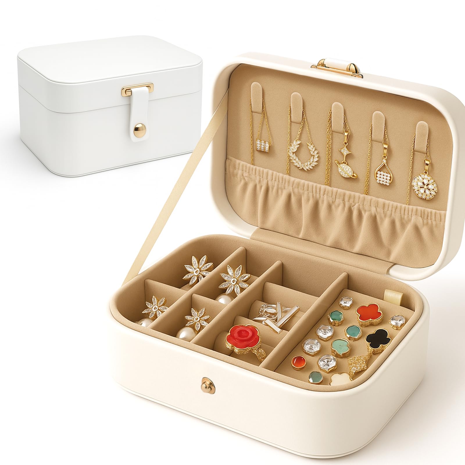 kelav Schmuckkästchen Mädchen 16x12x8cm, Jewelry Box mit 3 Ebenen und Samtfutter, Tragbarer Schmuckkasten Weiß für Reise und Aufbewahrung