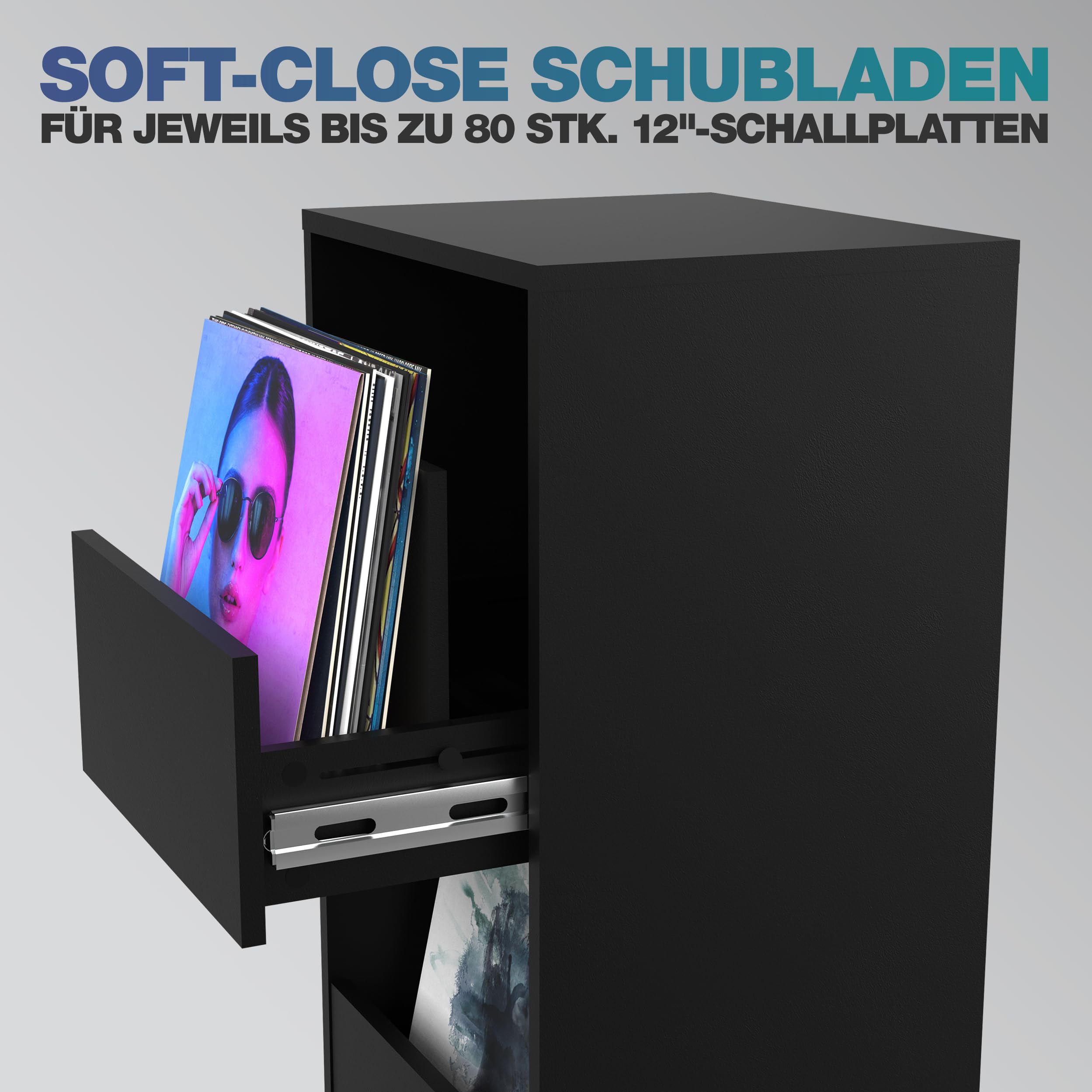 Glorious Vinyl Vault - Armadio per dischi con cassetti a chiusura morbida per LCD da 12", spazio per 160 album, design modulare, nero