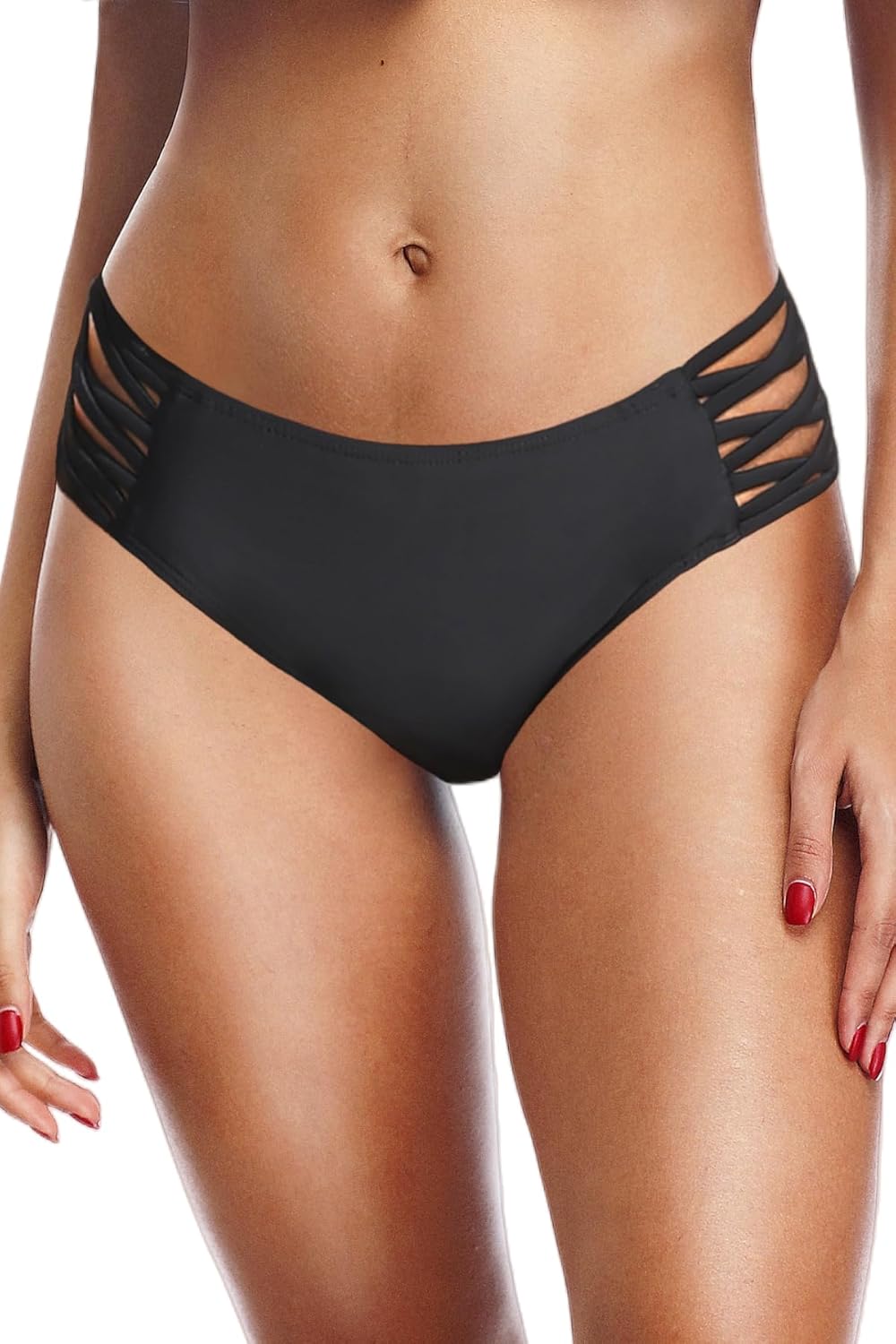 Zmart Strappy Bikini Bottoms - Women's Full Coverage Bathing Suit Mid Waist Swimsuit Bottom