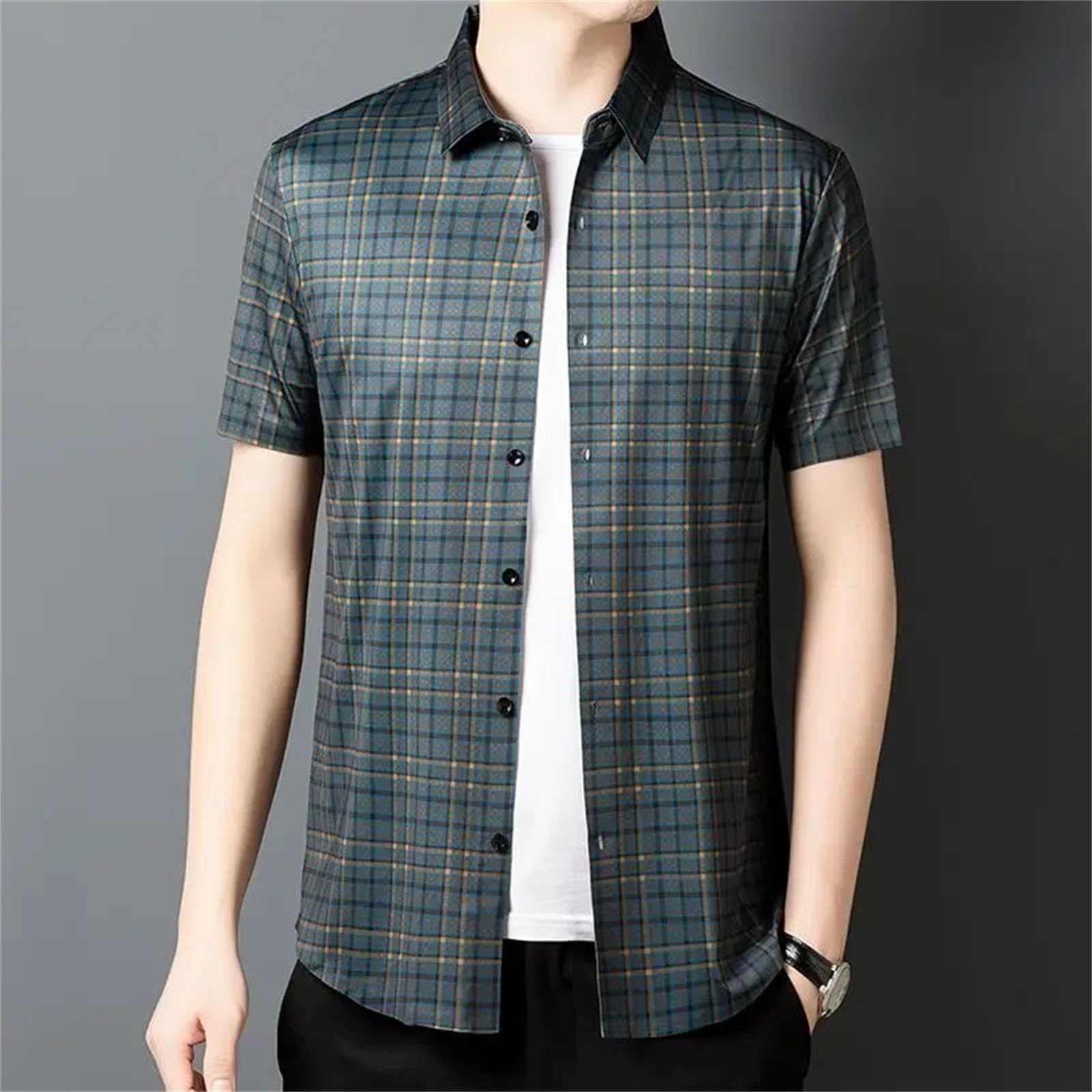 Camicia da uomo a maniche corte con bottoni, sottile, casual, resistente, design scozzese